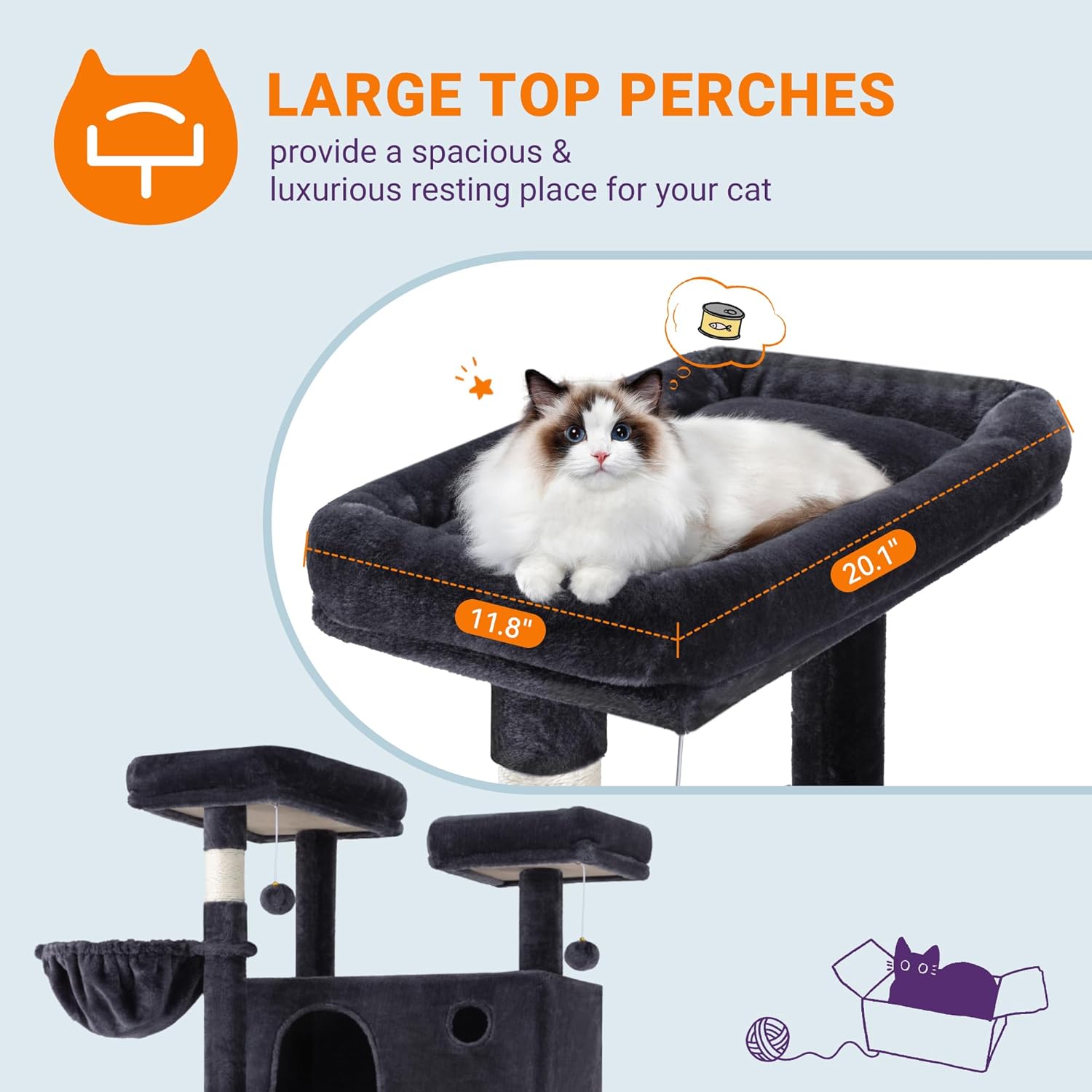 Allewie 81 Inches Tall Cat Tree/Multi-Level Large Climbing Tree House and Towers for Big Feline/Condo and Hammock/Scratching Post/Wide Base/Dark Grey - Image 4
