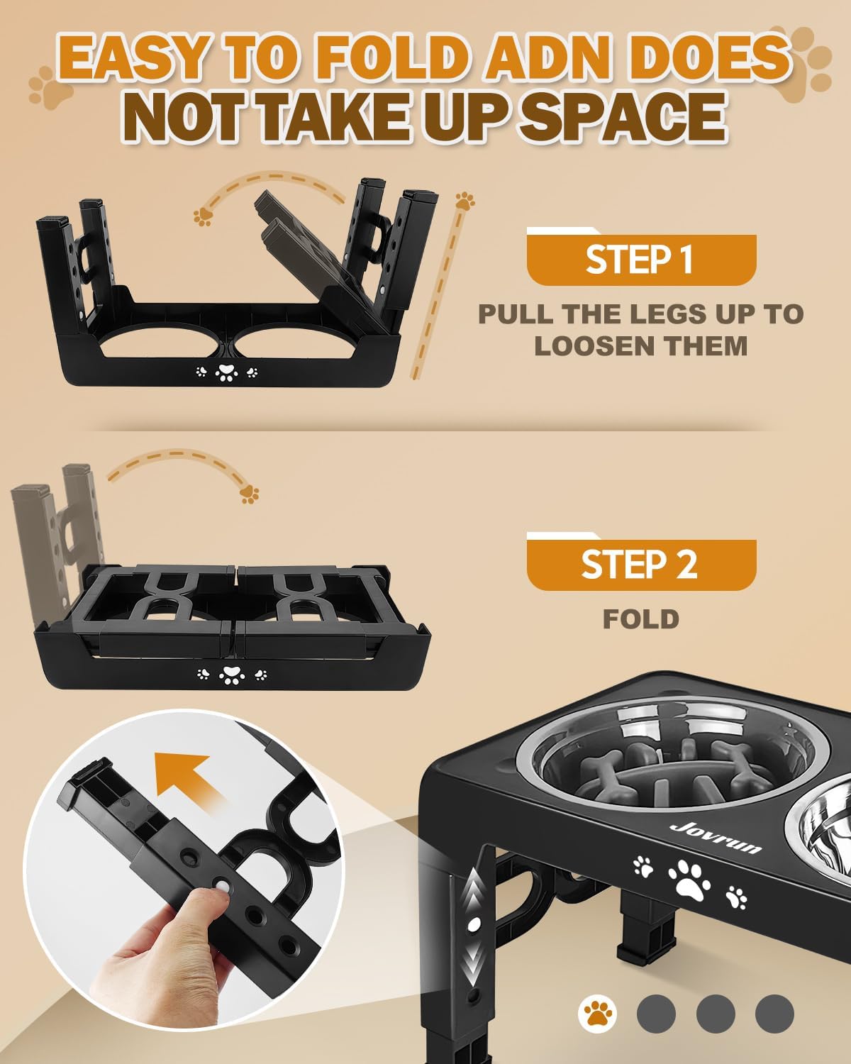 Jovrun Elevated Dog Bowls for Medium Large Size Dogs, Non-Slip Dog Feeder with 1*Stainless Steel Dishes & 1*Slow Feeder Bowl, 5 Heights Adjustable Raised Bowls to 3.15″-8.66″-9.84″-11.02″-12.2″ - Image 6