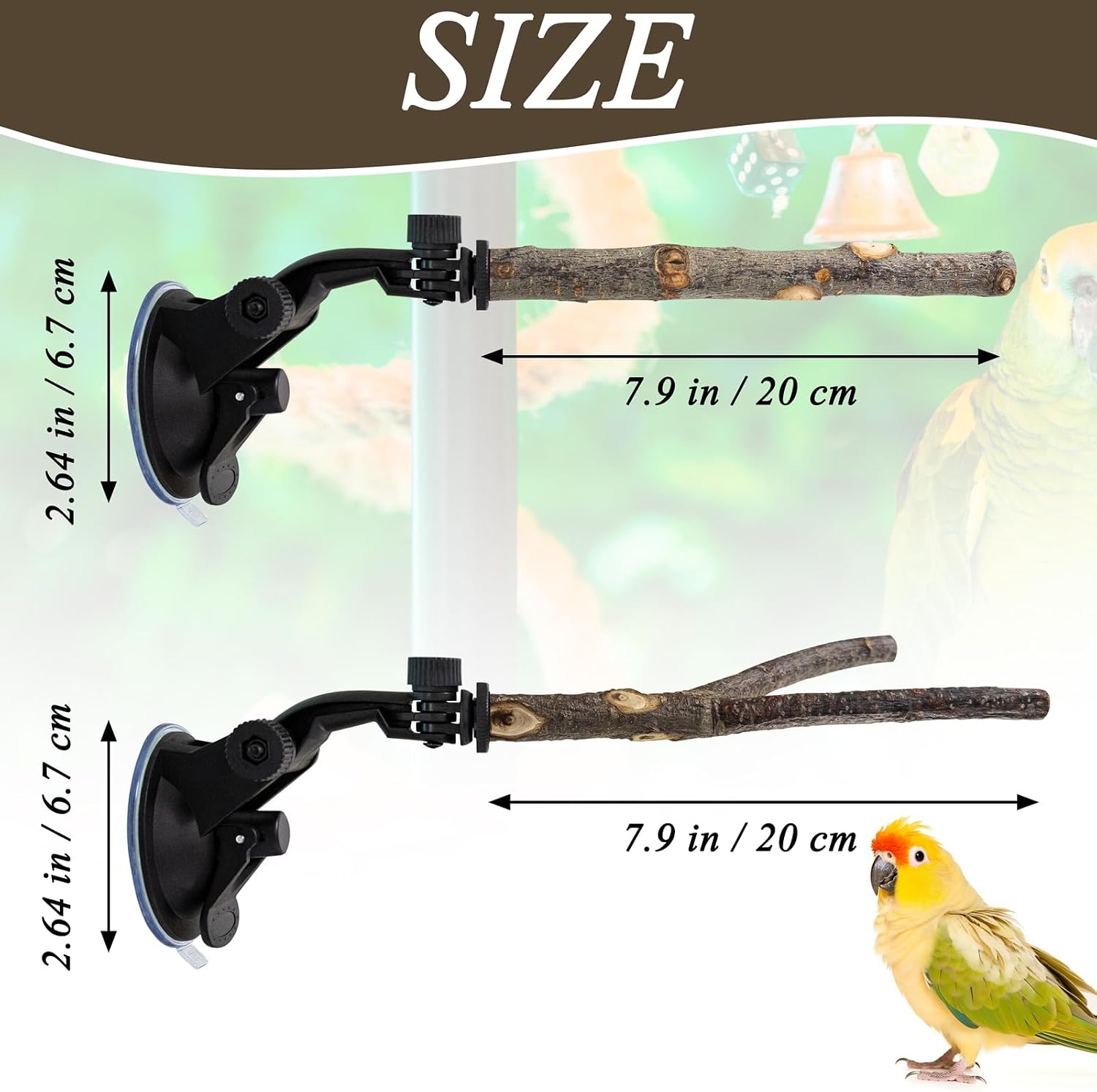 2 Pcs Parrot Perch Stand, Strong Suction Cup Bird Perch, Movable Perch Stand Bird Training Set, for Window Mirror Car Shower Ceramic Tiles Bath Wood Training Perch, for Bird, Cockatoo, Macaw, Parakeet - Image 2