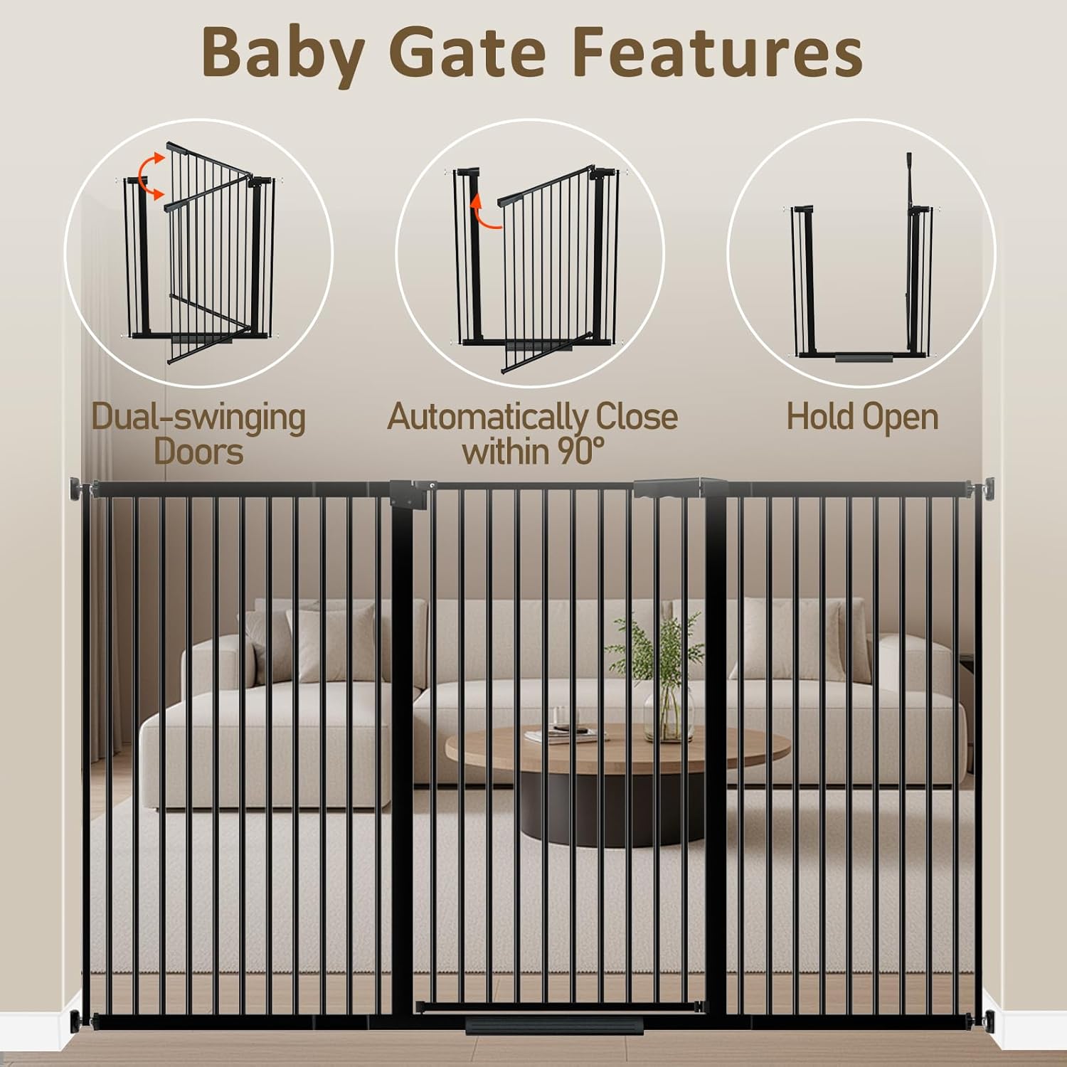 WAOWAO 40.55" Extra Tall 1.37" Ultra Narrow Spacing 53.74-61.61" Extra Wide Dogs Pets Baby Gate Safety Indoor Puppy Pressure Mounted Gate No Drill Black Metal for Stairs,Doorways,Kitchen,Hallway - Image 3