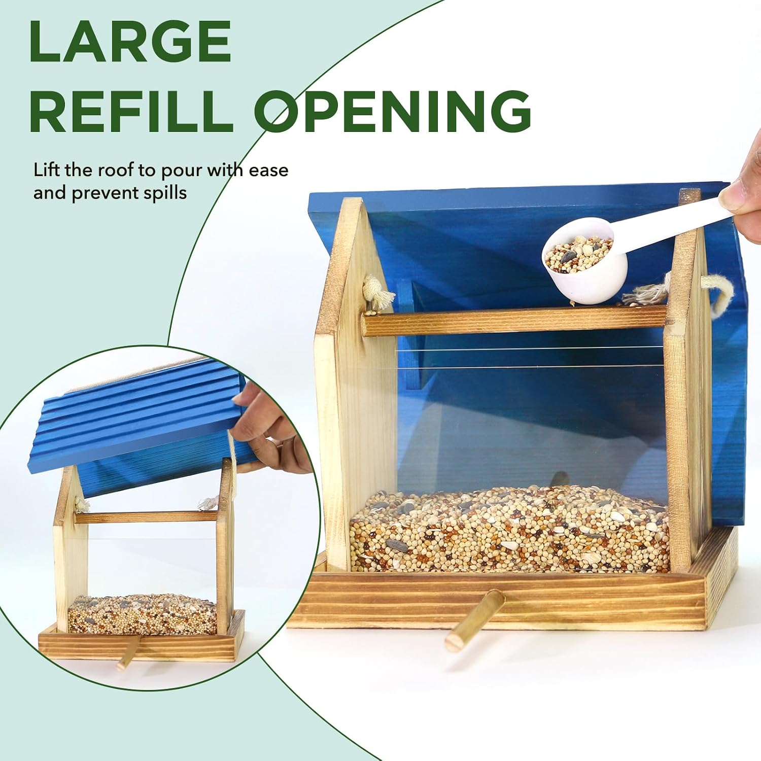 Cedar Wooden Bird Feeders for Outdoors Hanging– Large, Weatherproof Wild Bird House Feeder–Pre-Assembled, Hopper Design, Anti-Squirrel, Easy Fill for Cardinals, Bluebirds, Oriole & Finches - Image 5