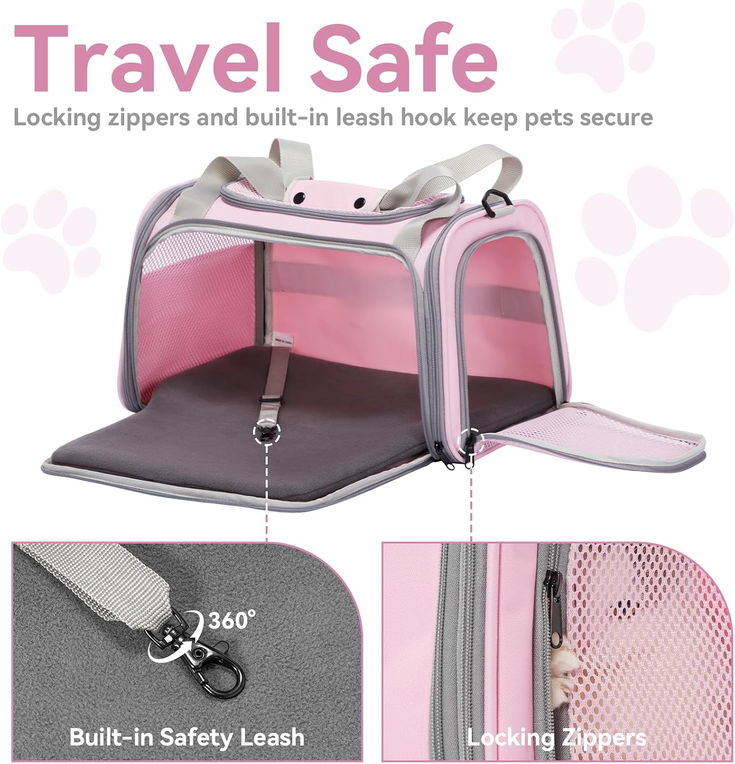 Airline Approved Cat Carrier 17.5×10.5×10.5 in, Escape-Proof Design with Locking Zippers & Safety Leash, Easy-Access 3-Way Entry, Washable Mat, Gift-Ready Holiday Choice for Cats up to 12 lb - Image 3