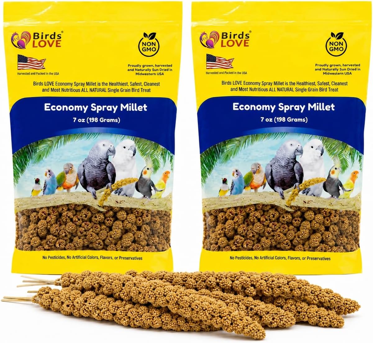 Birds LOVE® Economy Spray Millet for Birds, 7 oz, GMO-Free Natural Millet Spray Treat, Stem-Reduced Edible Tops, Grown in USA, for Parakeets, Cockatiels, Lovebirds, Finches, Canaries -Pack of 2