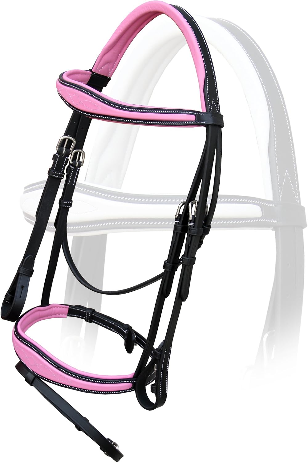 Exion Pink English Bridle with Anatomic Snaffle Noseband & Detachable Flash | Leather Jumping Bridle, Ergonomic Pressure Relief Crownpiece | 16mm Non-Slip Rubber Reins Included | Black Cob Full - Image 2
