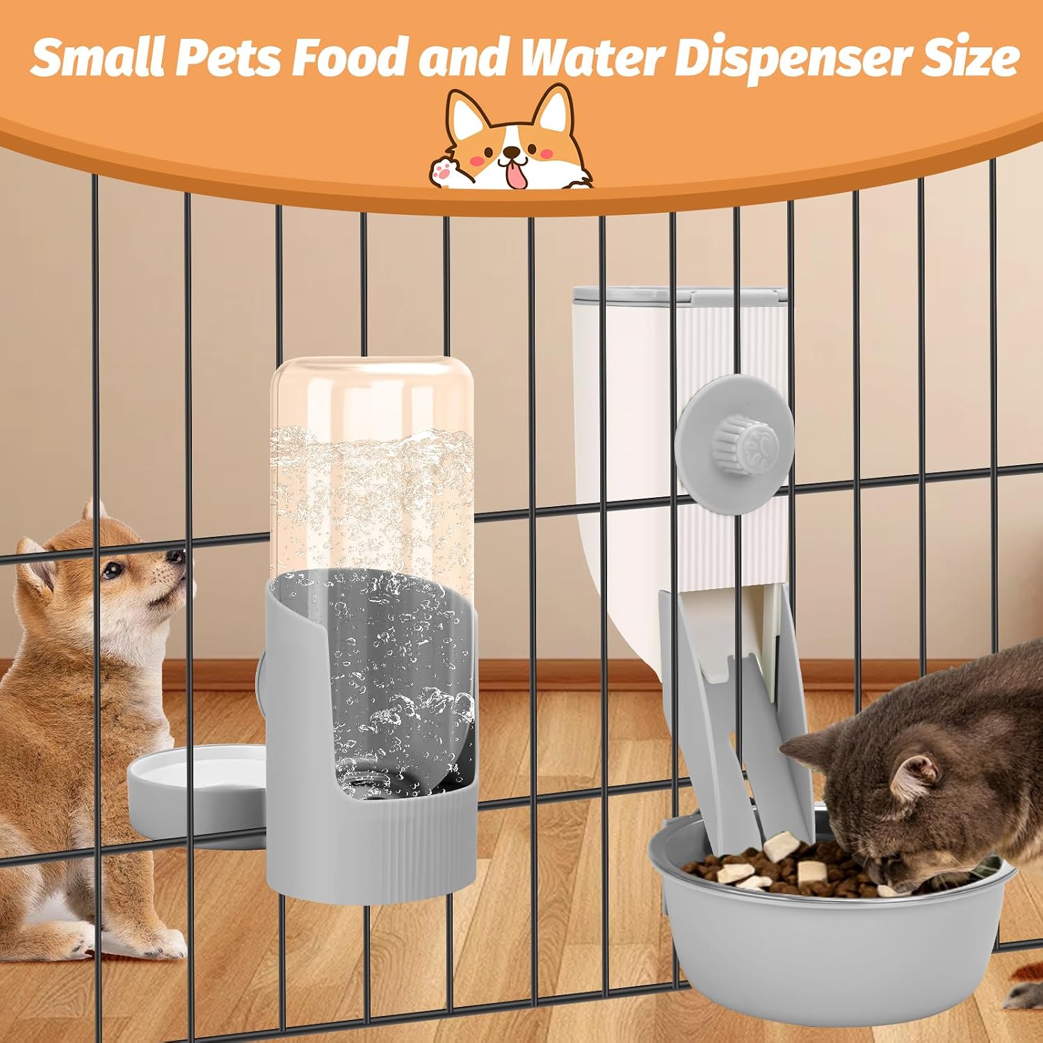 Yummy Sam Hanging Cage Automatic Small Pet Food Bowl Water Bottle Dispenser, Kennel 500ML Waterer and Auto Gravity Pet Feeder Set with Separate Food Bowl Crate Feeder Dish for Puppy Cats Rabbit (Grey) - Image 3