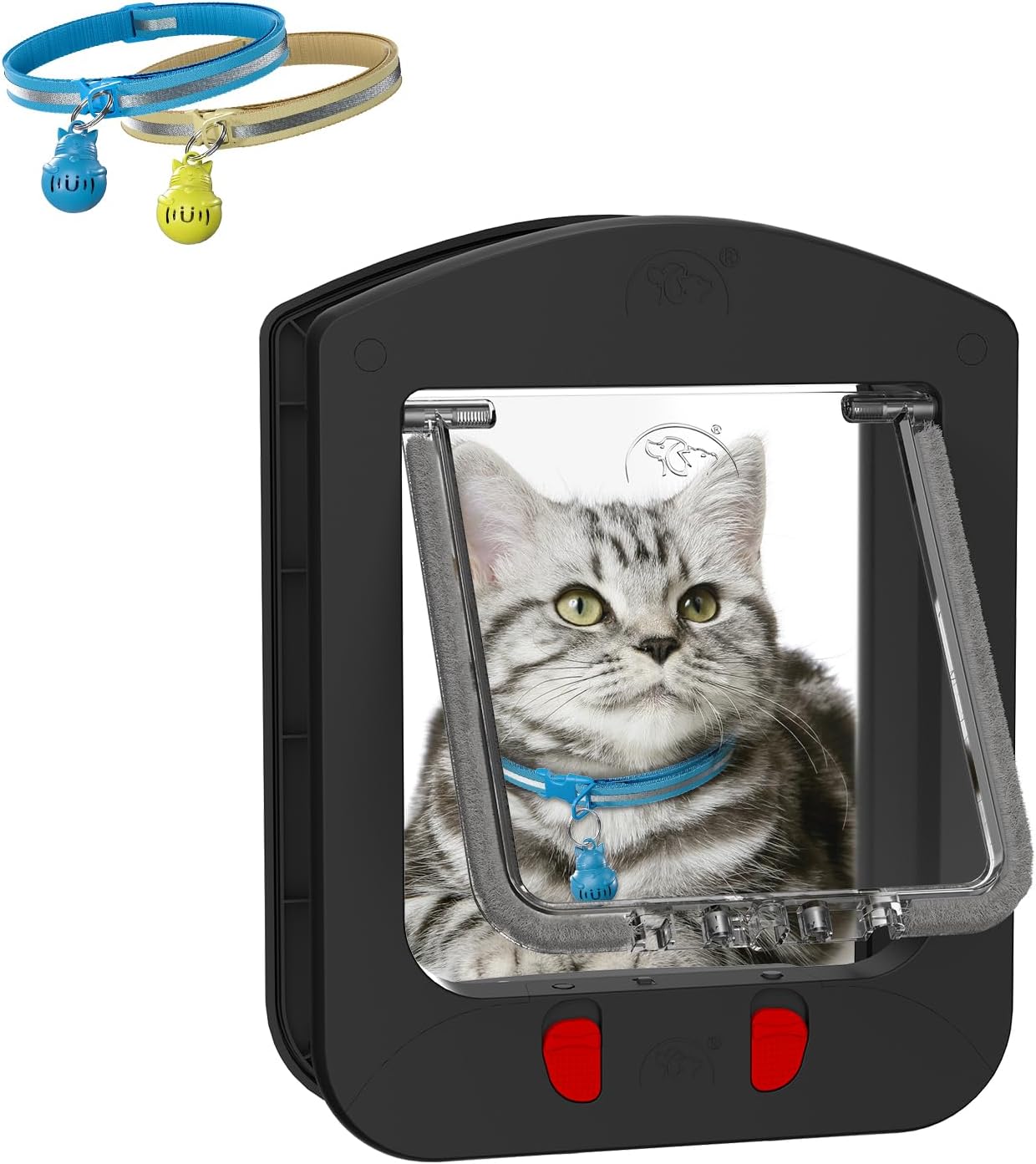 Cat Door for Interior Door and Exterior Door, Pet Door with Collar Sensor and 2pcs of Cat Magnetic Collars, 4 Way Locking Cat Door with Magnetic Flap, Black