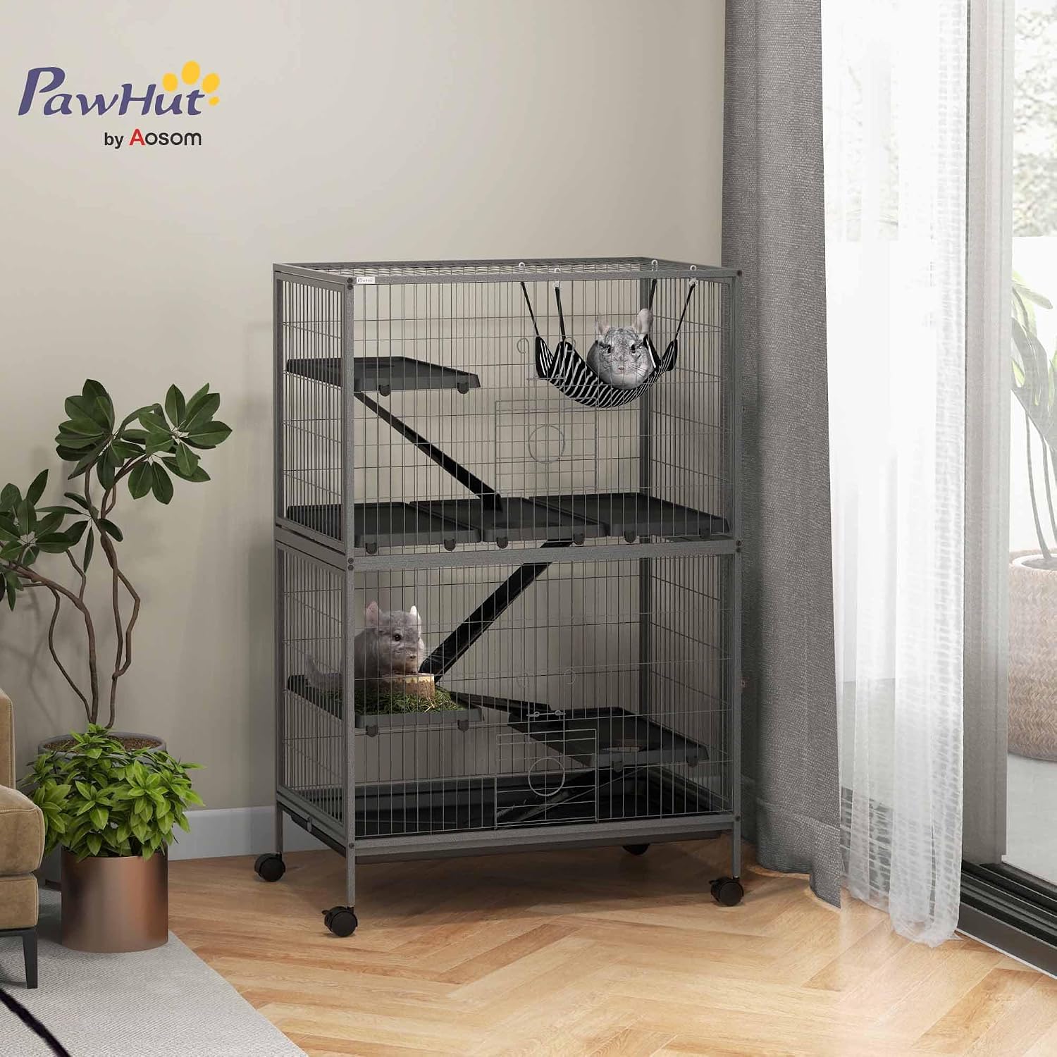 PawHut 50" 5-Tier Small Animal Cage, Ferret Cage, Large Chinchilla Cage with Hammock Accessory & Heavy-Duty Steel Wire, Small Animal Habitat with 4 Doors, Removable Tray, Gray - Image 2