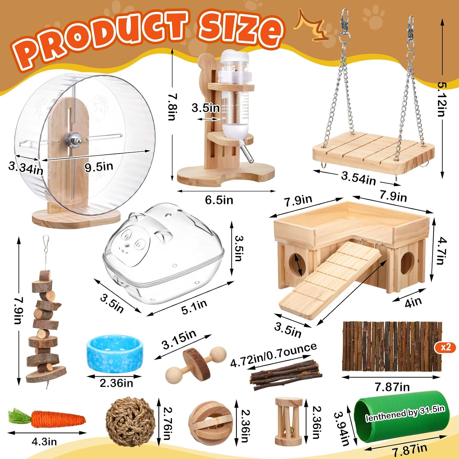 Hamster Cage Accessories & Habitat Set, Wooden 3 Room Maze House, Adjustable Silent Wheel, Water Bottle Set, Log Tunnel Tube & Chew Toys, 19 Pcs Complete Kit for Dwarf Hamster Gerbil Mouse - Image 3
