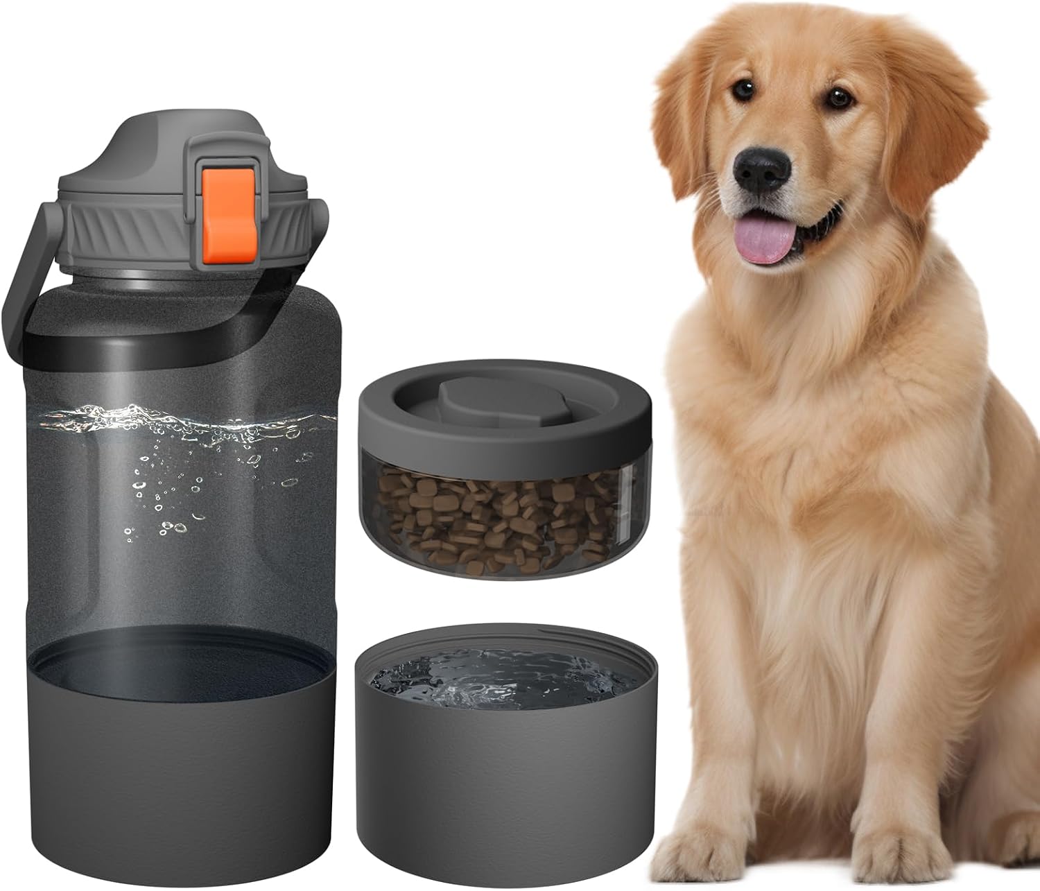 Cibaabo 53oz Large Dog Water Bottle with Water & Food Bowl, 3-in-1 Portable Pet Feeding & Hydration Dispenser for Large Dogs & Humans, Leak-Proof Tritan Bottle for Hiking, Camping, Walking, Car Trips