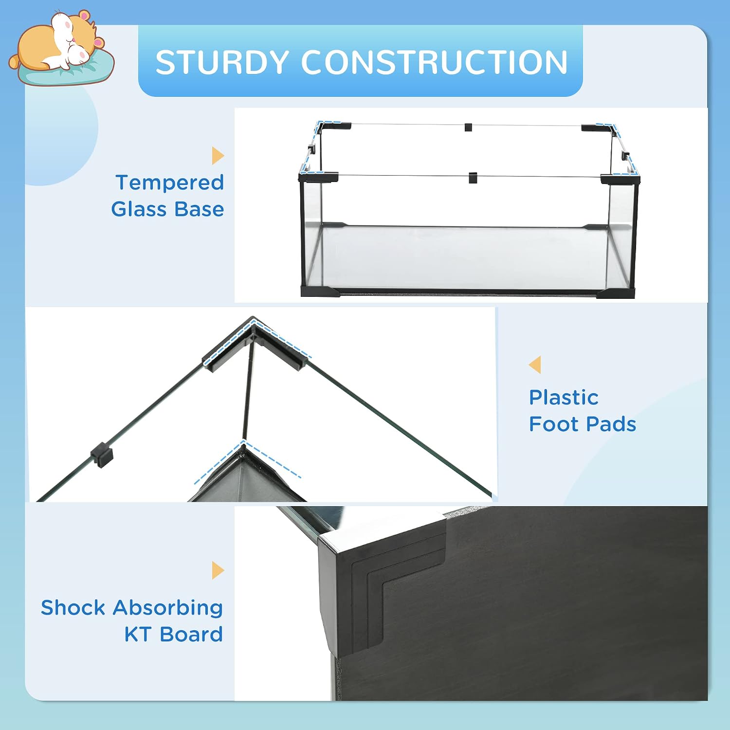 PawHut Large Hamster Cage with Deep Tempered Glass Bottom, 3 Tiers Hamster Tank with Running Wheel, Hut, Water Bottle, Dish, Rat Cage for Syrian, Dwarf, Gerbils, Mouse, 23.5" x 16" x 22.5", Black - Image 5