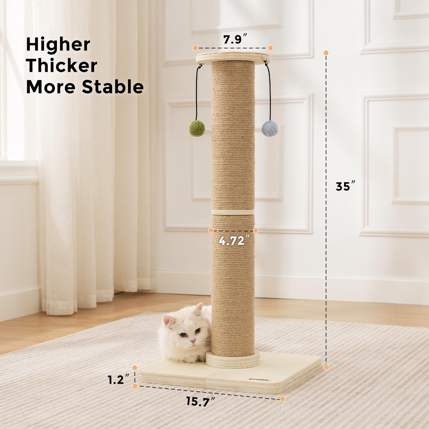 ZOMISIA 35'' Tall Cat Scratching Post, 4.7'' Large Scratch Post with Thicken Wooden Base for Indoor Cats Adults, Sisal Scratcher Top & Dangling Balls, Super Sturdy - Image 4