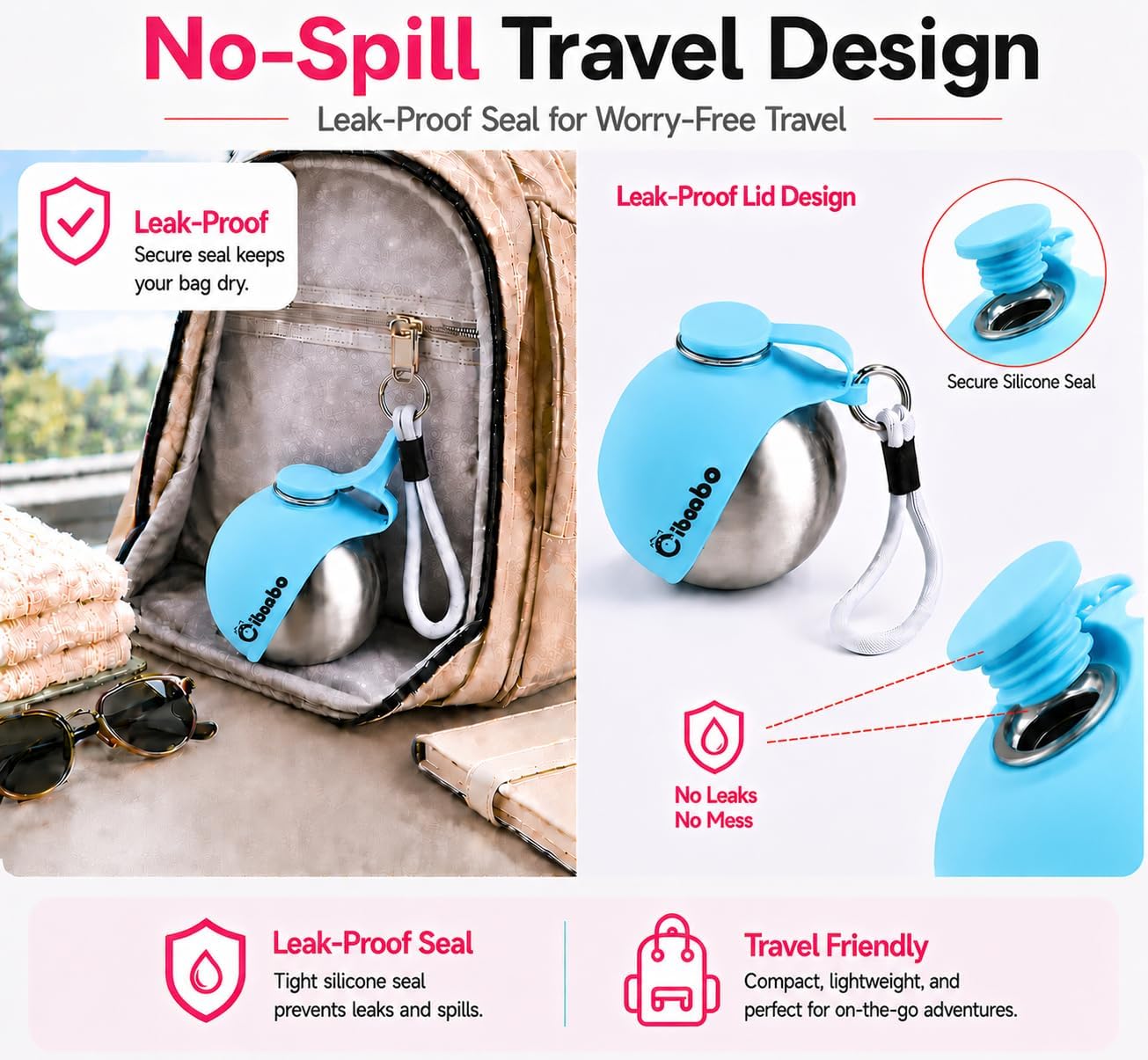Cibaabo 2 in 1 Portable Dog Water Bottle with Bowl, 10 oz Stainless Steel No-Spill Travel Pet Water Dispenser with Collapsible Silicone Bowl for Small Dog & Puppy Walking Hiking Outdoor - Image 4