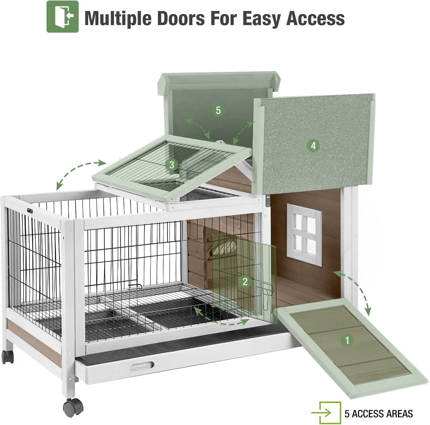 Wooden Rabbit Hutch Indoor and Outdoor, Rabbit Cage with Removable Wire Netting and Leak Proof Tray, Mobile Bunny Cage with Wheels (Brown) - Image 2