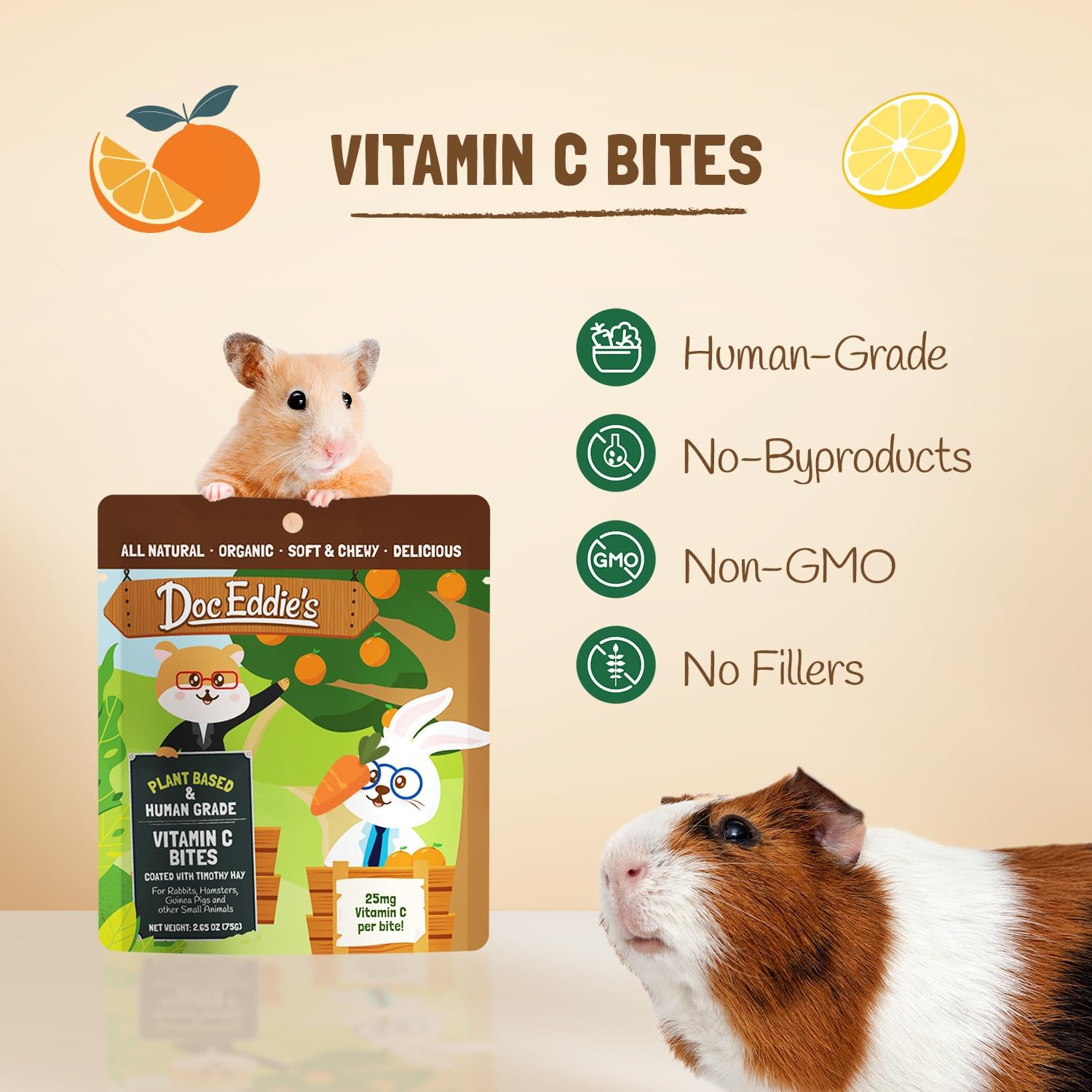 DOC EDDIE'S Vitamin C Bites Soft & Chewy Treats for Hamster, Rabbit, Chinchilla, Bunny, Gerbil, Mouse, Rat, Hedgehog, Squirrel, & Guinea Pig Friendly - Made w/Real Fruit & Organic, New & Tastier - Image 3