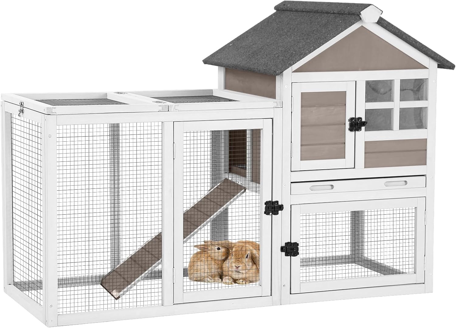 Rabbit Hutch Indoor or Outdoor, Wooden Bunny Cage with Chew-Proof Ramp, Mobile Rabbit House with Wheels, Guinea Pig Cages with Leakproof Tray and Waterproof Roof (Brown)