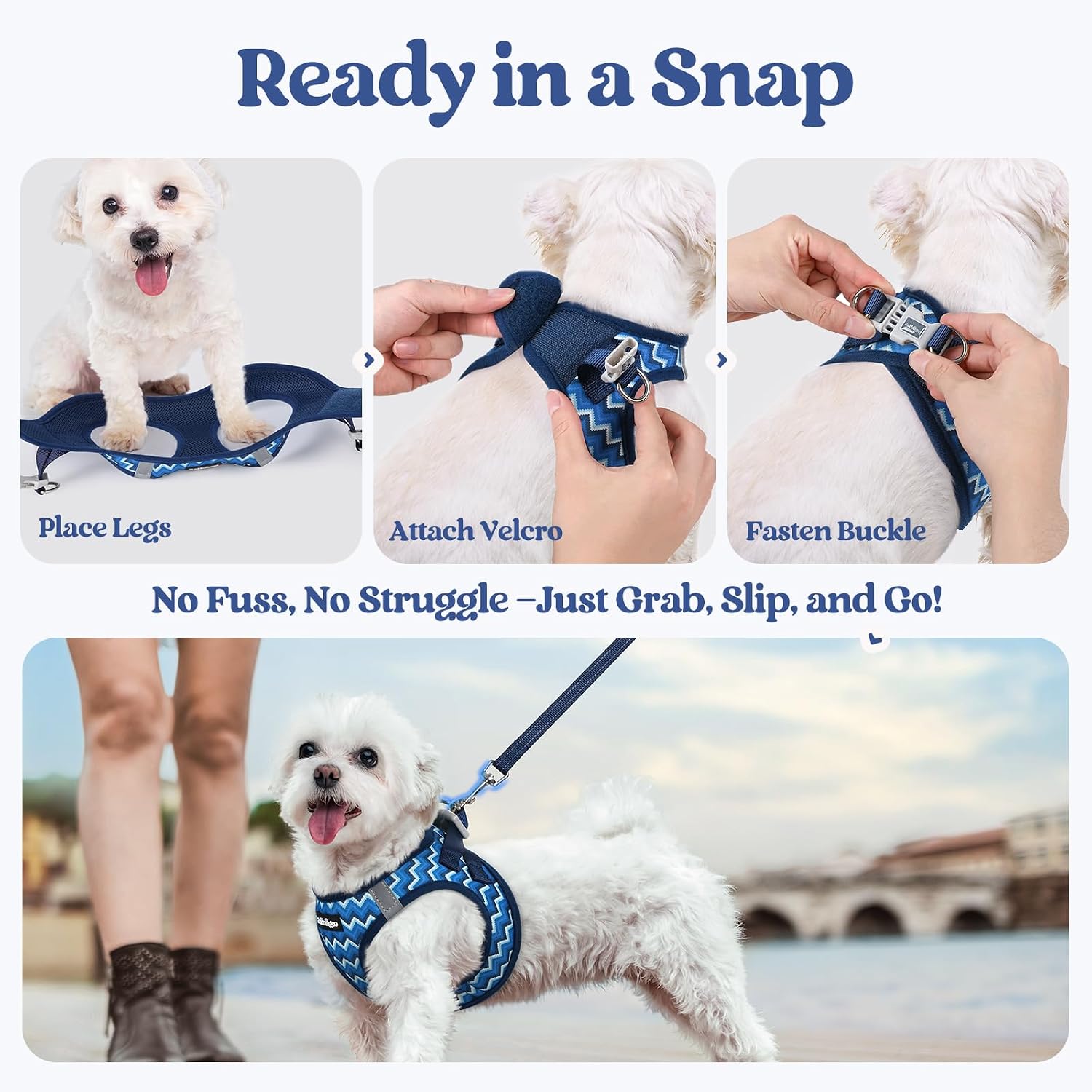 rabbitgoo Dog Harness Small Sized and Leash Set, Step in Soft Light Puppy Vest, Breathable Mesh Pet Harness, Reflective for Safe Easy Walking, Blue Zigzag S - Image 8