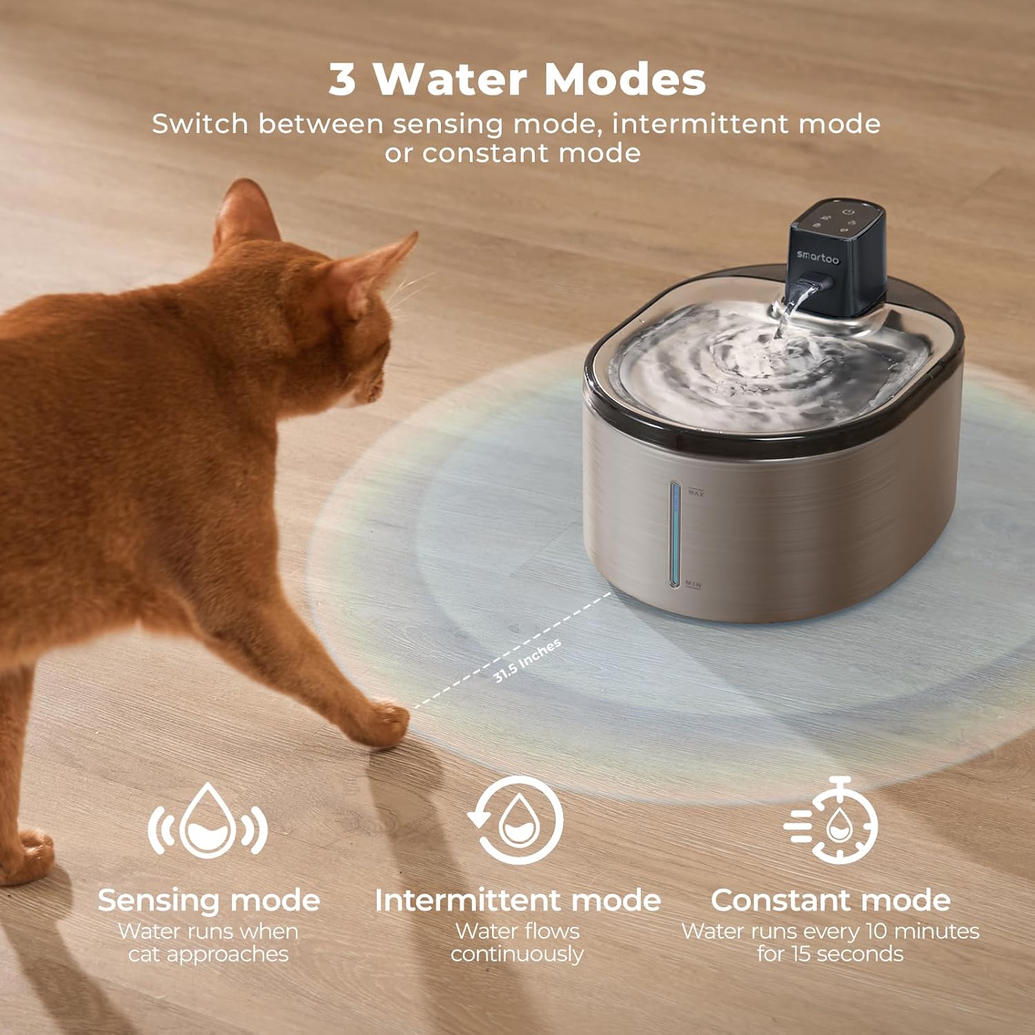 Smartoo Wireless Cat Water Fountain Stainless Steel, 152oz/4.5L Cat Fountain Battery Operated, Cordless Pet Water Fountain for Cats & Dogs with Motion Sensor, Ultra Quiet Pump, Multi-Filtration - Image 3