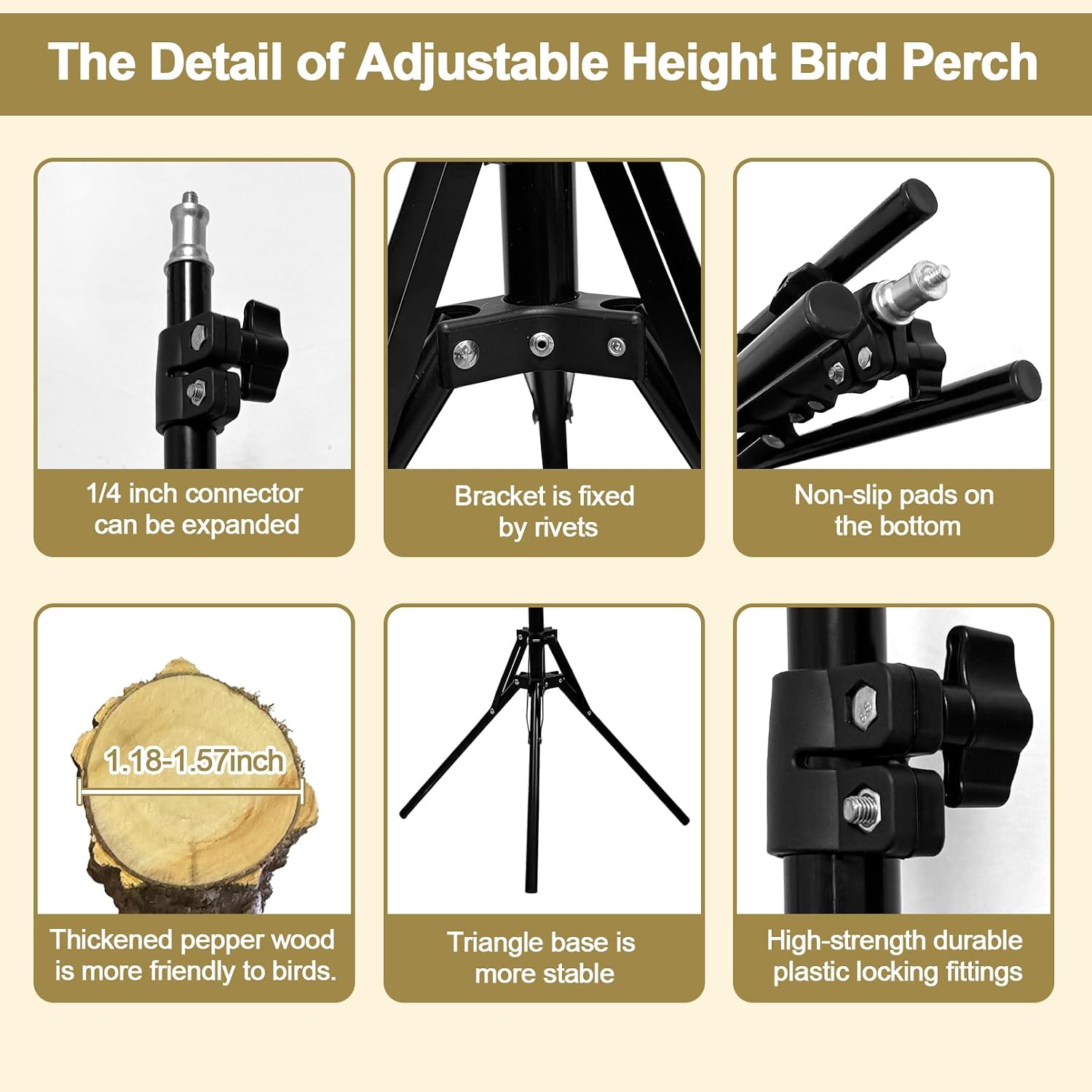 3-Layer 16-63 Inch Height Adjustable Bird Perch Pepper Wood Birds Training Perch Stand Parakeet Perches Indoor and Outdoor Parrot Stands for Small to Medium Bird - Image 5