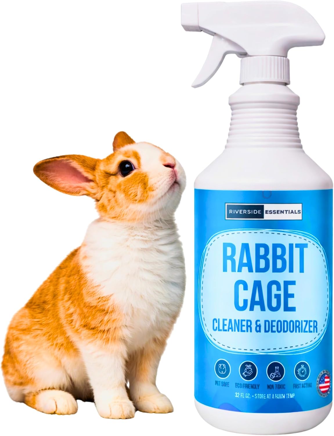 Rabbit Cage Odor Eliminator & Cleaner Spray (32oz) – Eliminates Tough Urine, Ammonia & Bedding Odors – Non-Toxic, Fast Drying, Safe Cleaner for Bunny Cages - Made in USA