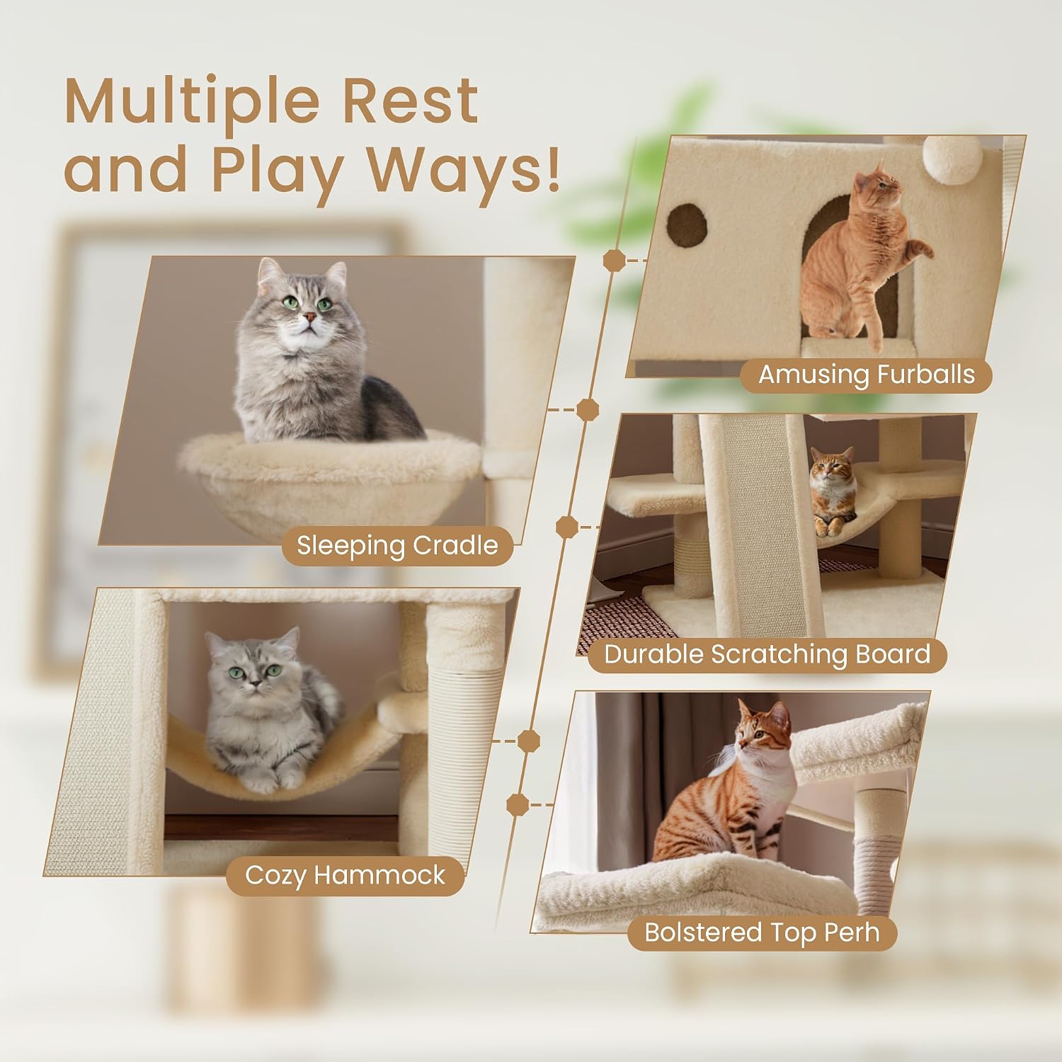 SHA CERLIN 65in Larger Cat Tree Tower Condo for Indoor Kitties/Multi-Level Furniture Activity Center with Wide Base/Cozy Plush Cat Perches/Baskets/Sisal Scratching Posts and Hammock/Beige - Image 5