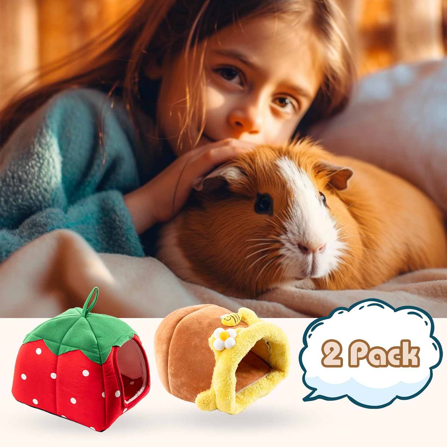 Avont 2 Pack Guinea Pig Tunnel & Hideout, Small Animal Bed | Soft Washable Fleece Hideout for Guinea Pigs, Chinchillas & Hamsters - Fruit or Animal Shape - Image 6