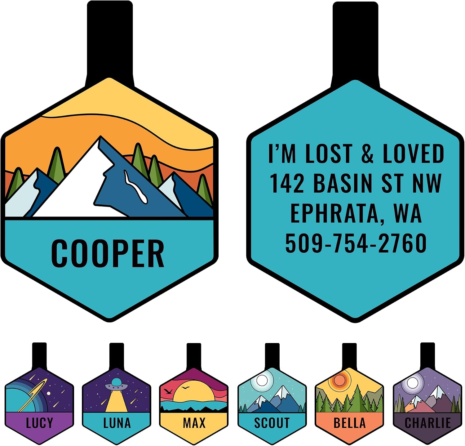 GoTags Silent Dog Tag, Personalized Engraved Hexagon Silicone Pet ID Tag | Dog and Cat Name, Number Address or Message, 5 Lines Custom Text, Soundless No More Jingling Dog Tags (Mountain Orange)