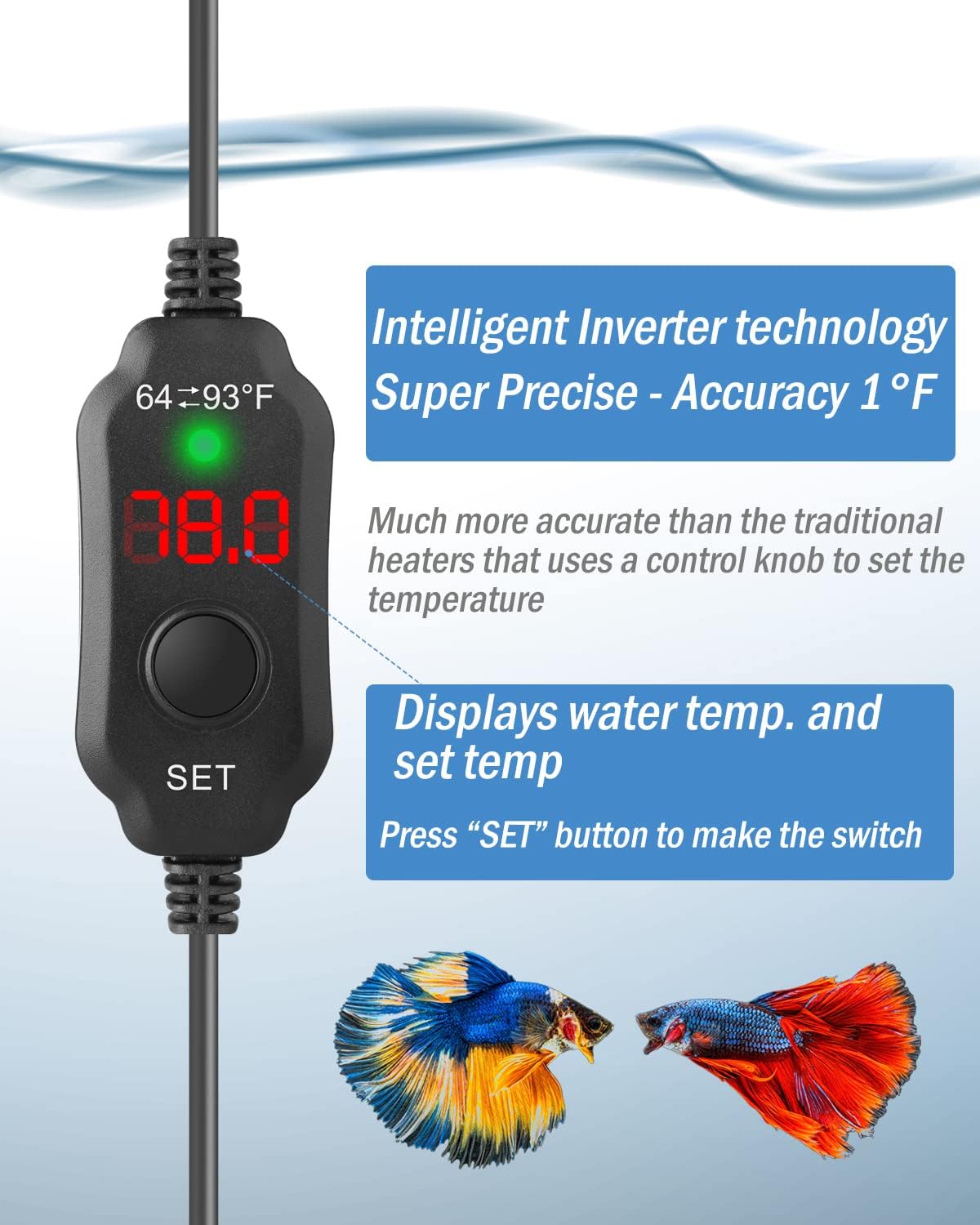 AquaMiracle Mini Aquarium Heater 5V/2A USB 10W Small Fish Tank Heater for Tanks up to 1 Gal, Digital Display Thermostat Betta Heater with Dry-Run & Overheat Protection, Memory Function - Image 4