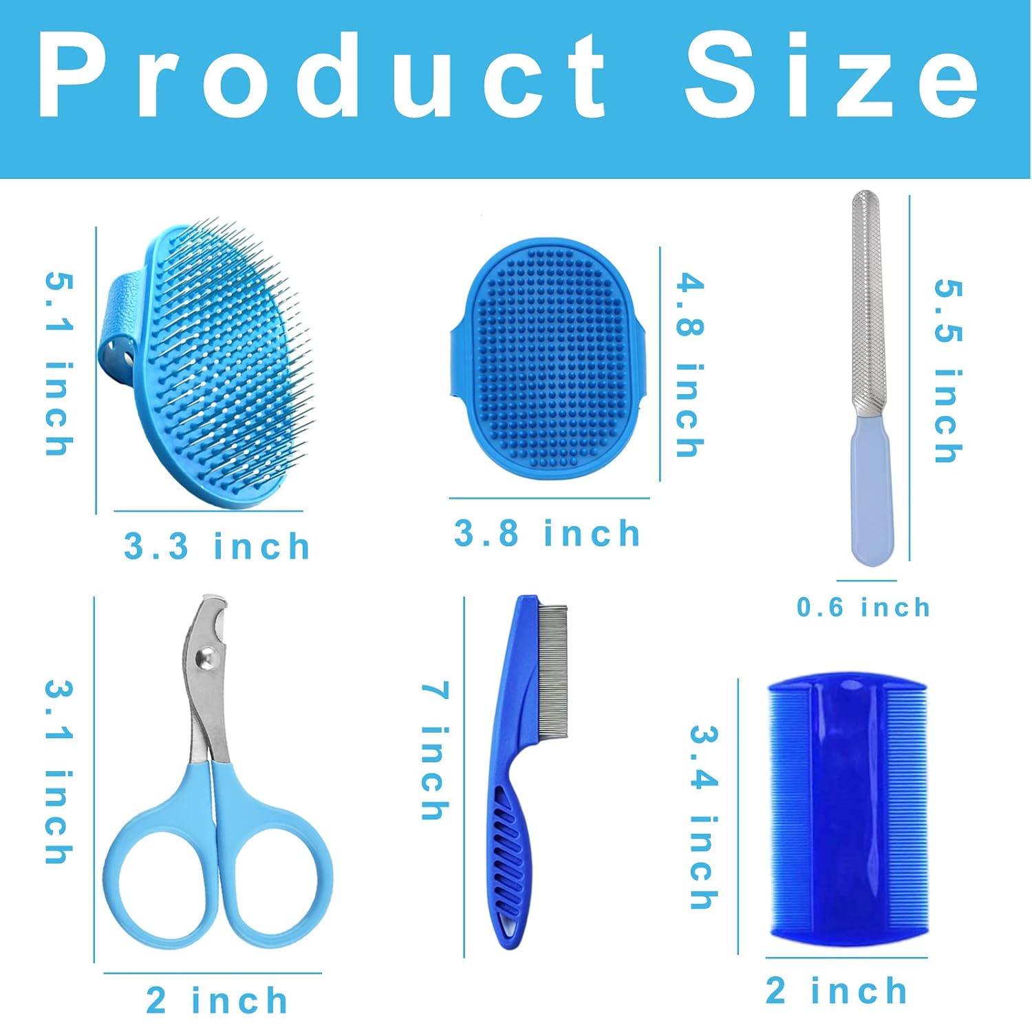 6Pcs Grooming Kit with Brush, Hair Remover, Shampoo Brush, Double-Sided Comb, Nail Clipper and Trimmer for Rabbits, Hamsters, Bunnies, and Guinea Pigs - Blue - Image 2