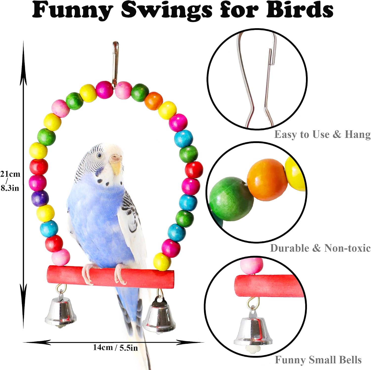 8 Pcs Parakeet Cockatiel Bird Toys, Parrots Cage Accessories Swing Wooden Perch Chewing Toy for Budgerigar, Conures, Love Birds, Finches, Budgies - Image 2