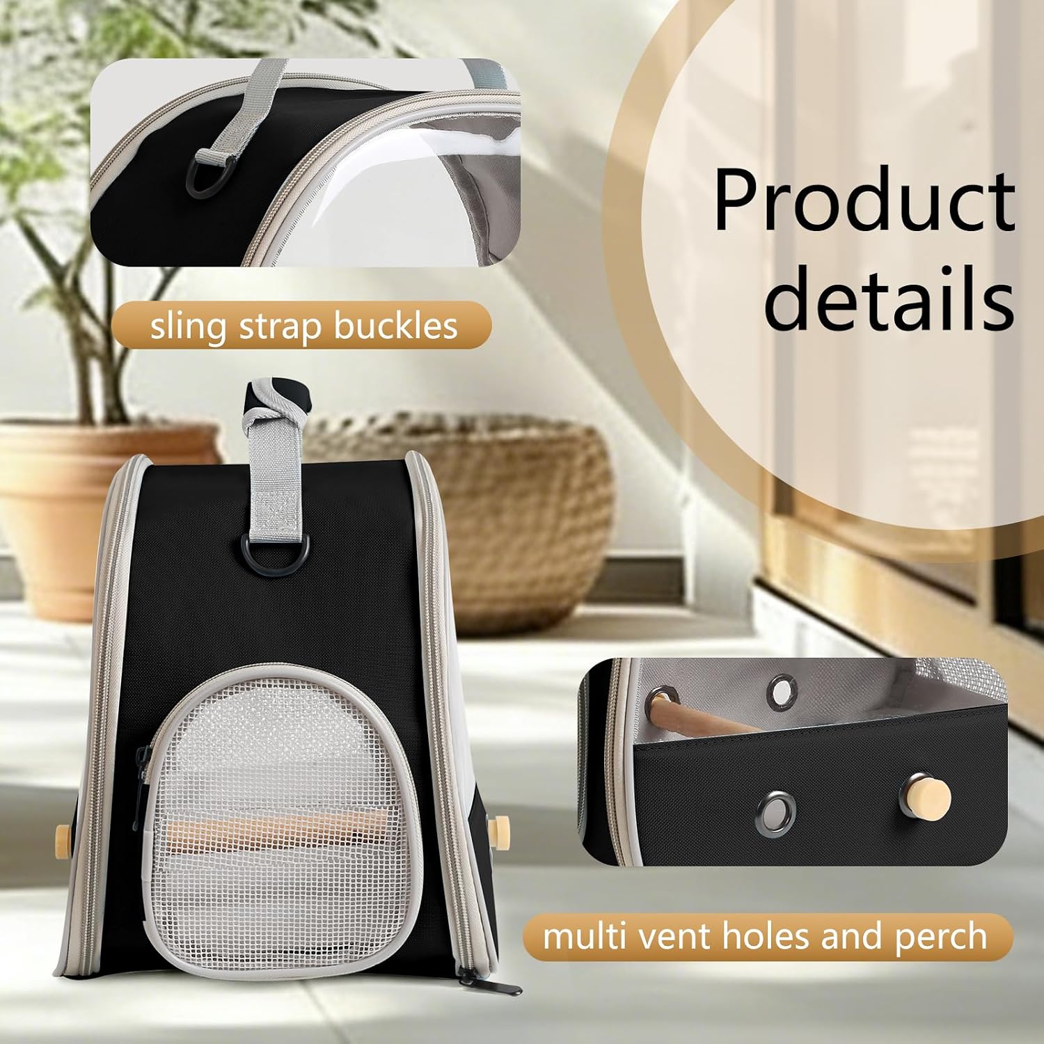 Bird Carrier, Portable Small Bird Parrot Parakeet Carrier with Standing Perch and Stainless Steel Tray, Side Access Window Collapsible (Black, Clear Windows) - Image 3
