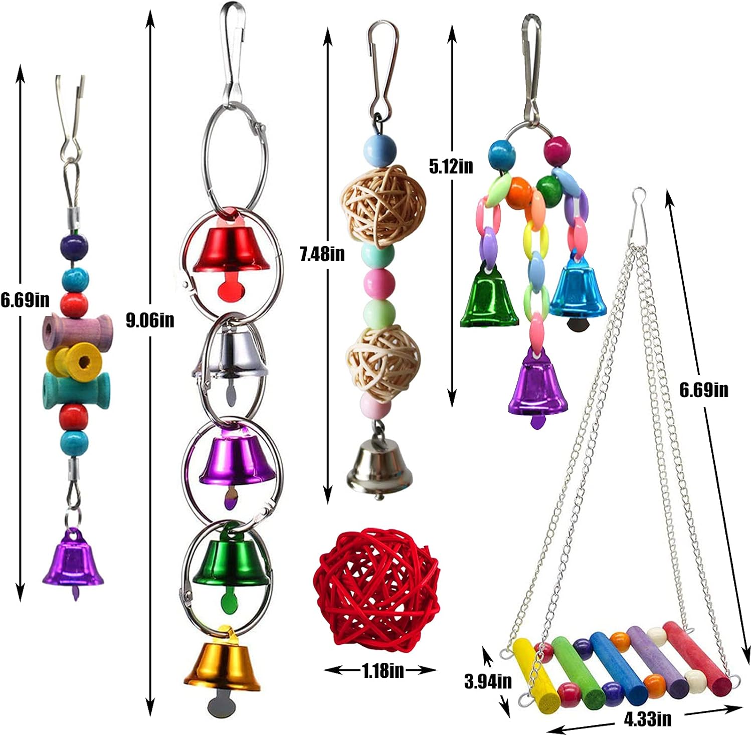 Hamiledyi Bird Parrot Swing Chewing Toy Set 15PCS Wooden Hanging Bell with Hammock Climbing Ladders Colorful Pet Birds Cage Toys for Small Parakeet Cockatiel Finches Conures Budgie Macaws Love Birds - Image 6