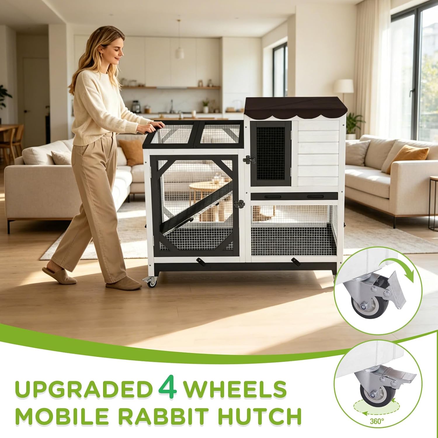 Gutinneen 2-Story Rabbit Hutch Bunny cage with Chew-Proof Ramp, Locking Leak-Proof Trays - Indoor/Outdoor 39.3" Wooden Rabbit Cage with Wheels for Rabbits, Guinea Pigs, Small Animal (Black and White) - Image 4
