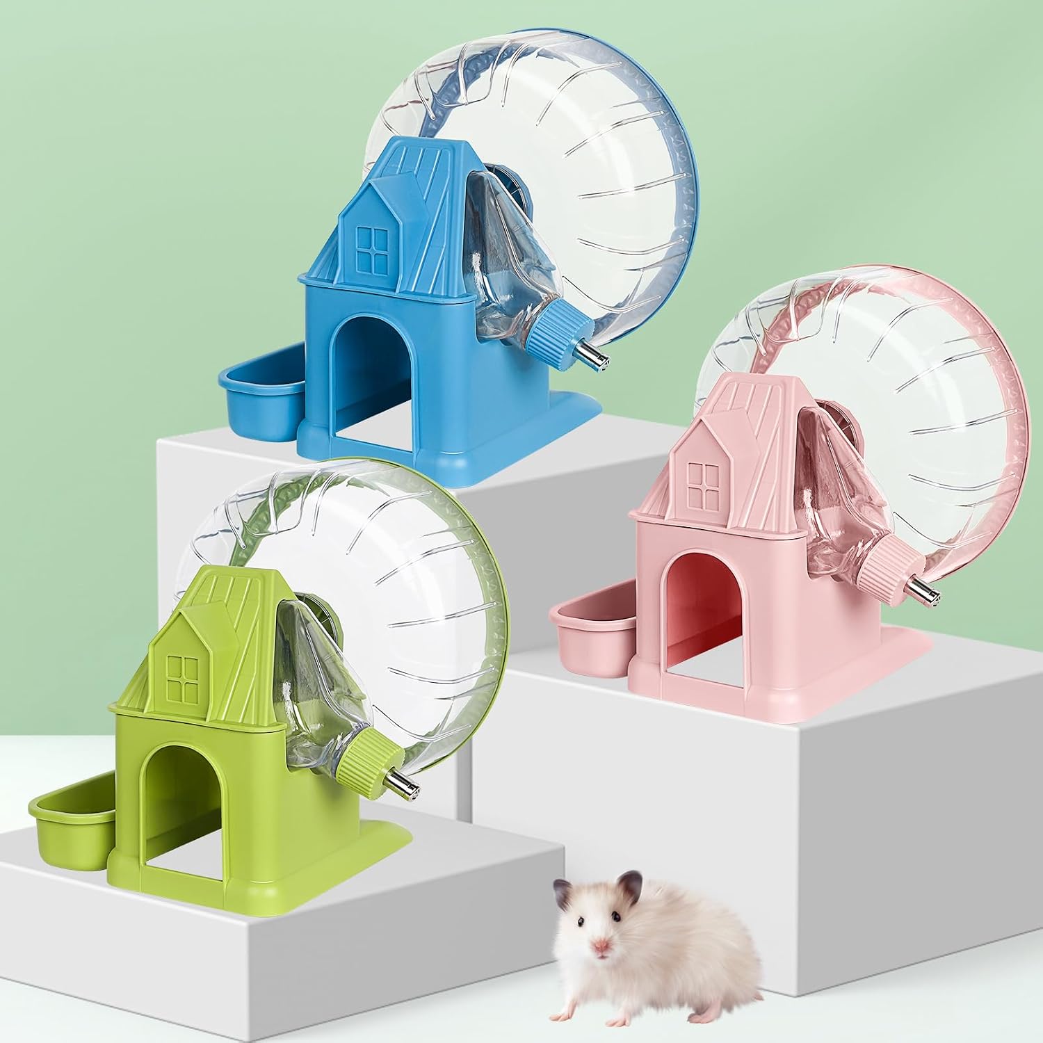 VANNON 4 in 1 Quiet Hamster Exercise Wheel, Multi Functional Hamster House with Running Wheel, Water Bottle, Food Bowl and Hideout, Small Animals Exercise Running Toys for Hamsters Gerbils Mice, Green - Image 4