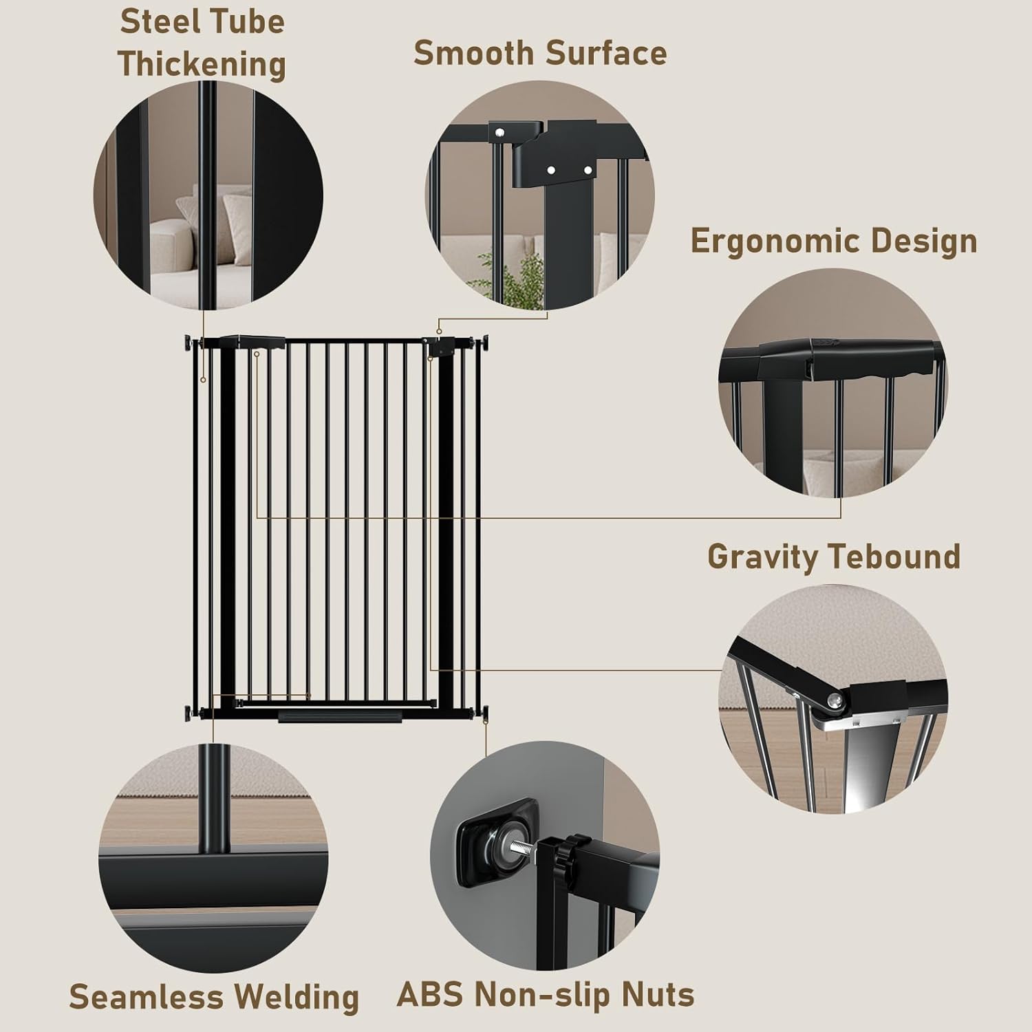 WAOWAO 40.55" Extra Tall 1.37" Ultra Narrow Spacing 53.74-61.61" Extra Wide Dogs Pets Baby Gate Safety Indoor Puppy Pressure Mounted Gate No Drill Black Metal for Stairs,Doorways,Kitchen,Hallway - Image 5