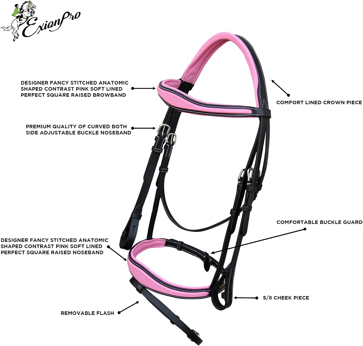 Exion Pink English Bridle with Anatomic Snaffle Noseband & Detachable Flash | Leather Jumping Bridle, Ergonomic Pressure Relief Crownpiece | 16mm Non-Slip Rubber Reins Included | Black Cob Full - Image 4