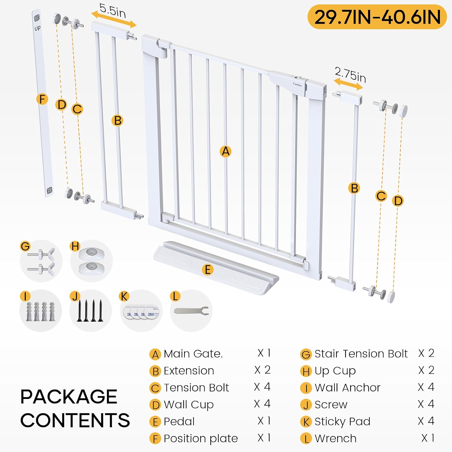 Cumbor 29.7-40.6" Baby Gate for Stairs, Mom's Choice Awards Winner-Dog Gate for Doorways, Pressure Mounted Auto-Close Pet Gates for Dogs Indoor, Safety Child Gate with Easy Walk Thru Door, White - Image 9