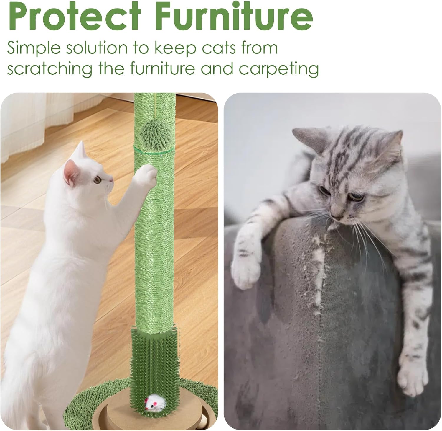41.5" Cactus Cat Scratching Post, Heavy Duty Sisal Scratcher with Interactive Ball & Grooming Brush, Stable Anti-Tip Cat Tree for Indoor Cats & Large Cats - Image 8