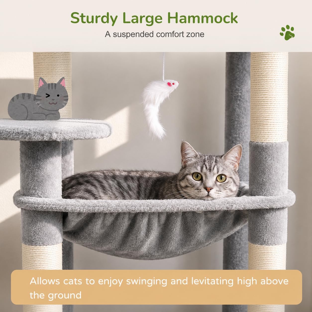 Globlazer Cat Tree Tower with Scratching Post for Indoor Cats, 53inch Tall Plush Multi-Level Cat Climbing Tower Condo House with Large Hammock, Spacious Cat Cave, Padded Top Perch Bed, F53, Light Gray - Image 4