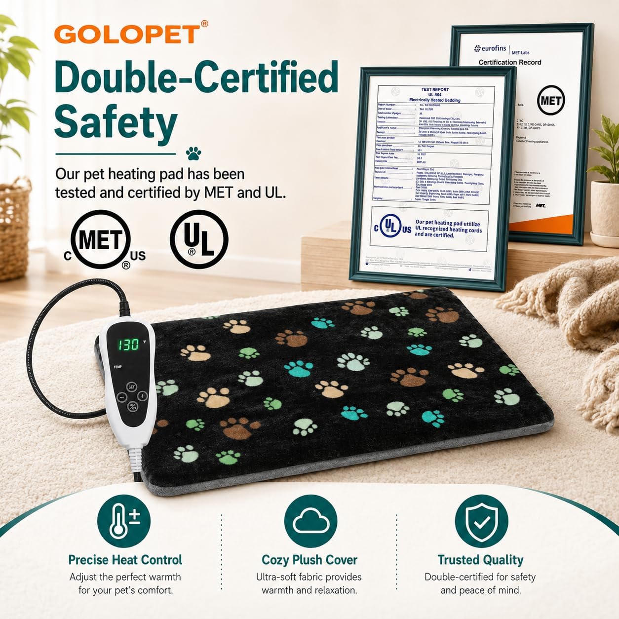GOLOPET Large Dog Heating Pad 36x24 in with Smart Thermostat Switch and Power Line Protection Tube,Obtained MET and UL Dual Certification,Waterproof Pet Heating Pad for Dogs,with Plush Fabric Cover - Image 6