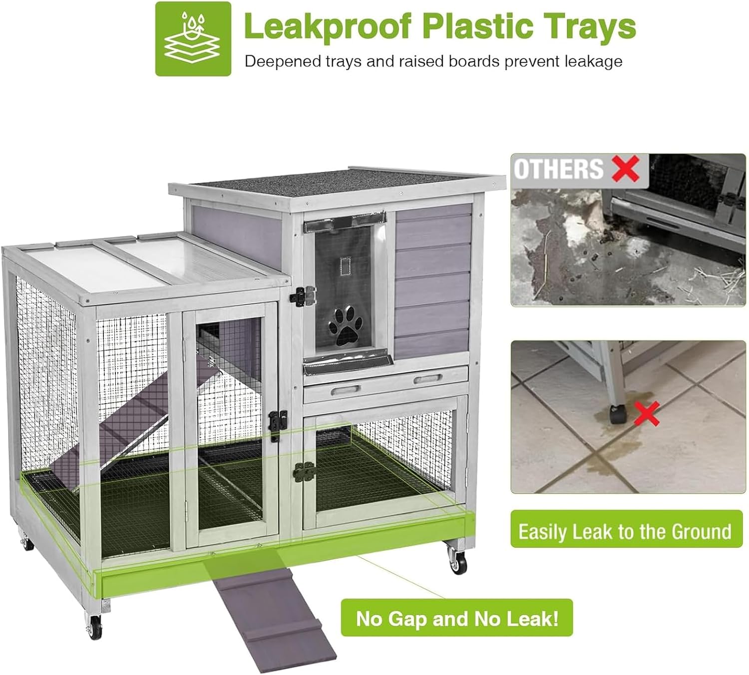 GUTINNEEN Rabbit Hutch Indoor Rabbit Cage with Wire Mesh Floor and Wheels Outdoor Bunny House 2 Story Guinea Pig Cage with Leakproof Asphalt Roof (Higher Version) - Image 3