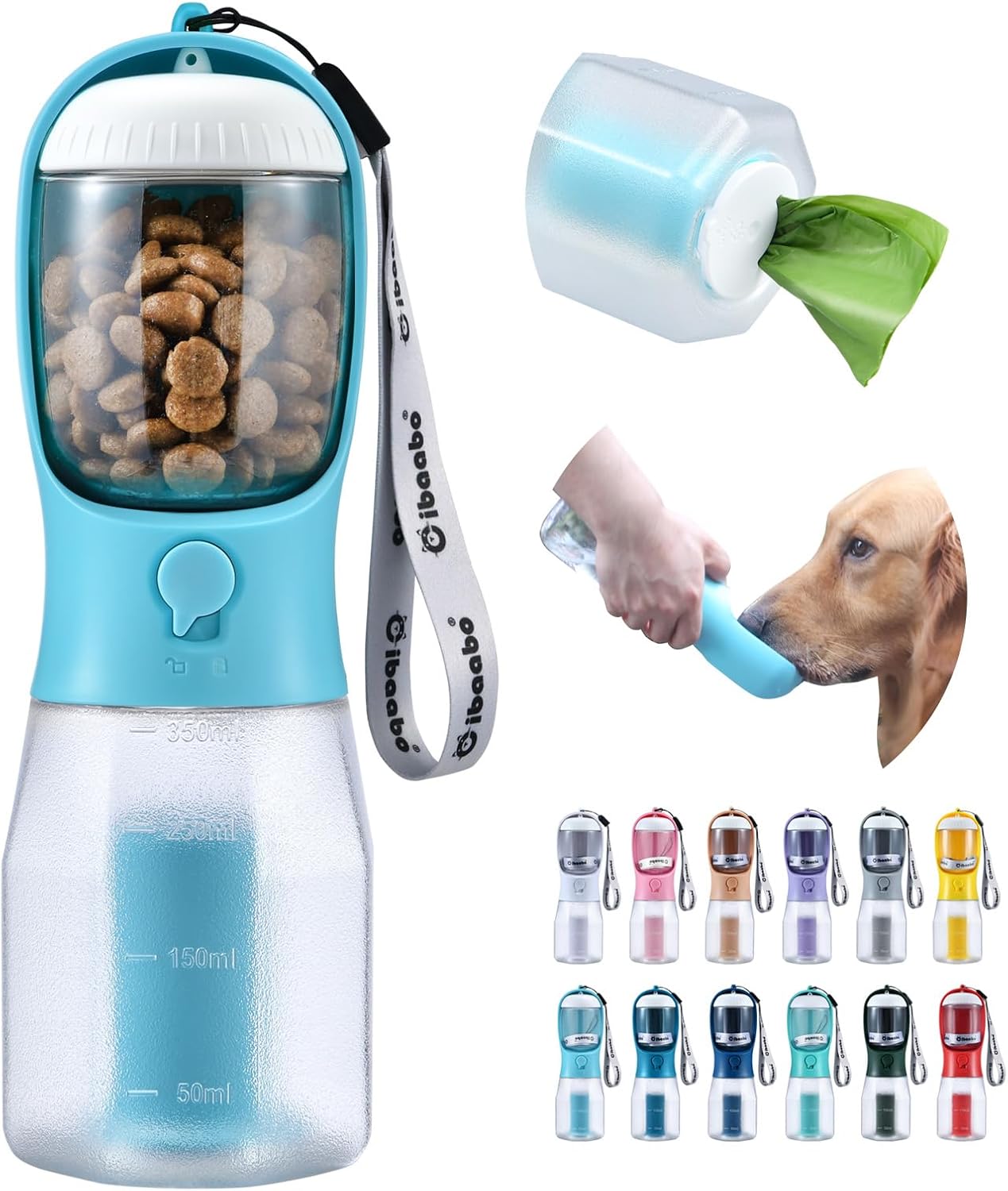 Cibaabo Dog Water Bottle with Food Container & Poop Bag Holder & Filter | Travel Water Bowl, Portable Pet Dispenser, Dog Gifts, Puppy Essentials for Walking Hiking
