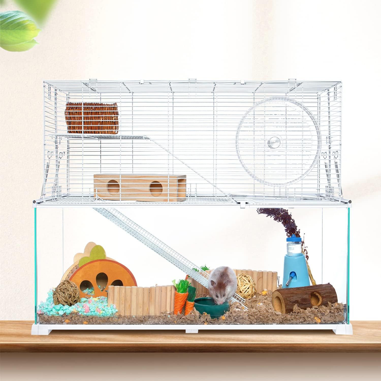 3 Tiers Large Hamster Cages, Glass Hamster Cage Habitat with Openable Wire Topper, Gerbil Cage with Two Ladders Ramps and Removeable Waterproof PVC Tray, Easy to Clean - Image 2