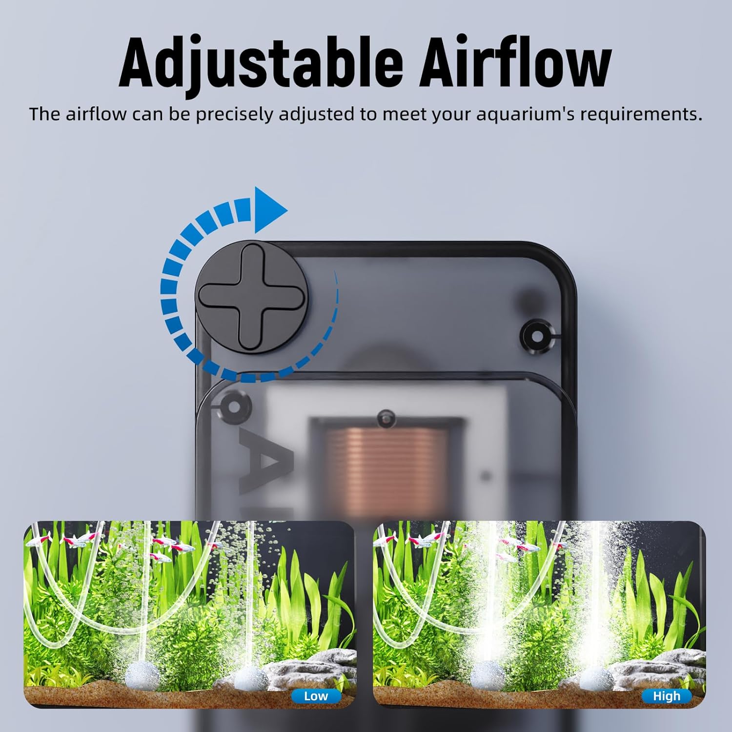 AQUASMITH Aquarium Air Pump,Ultra-Quiet/Small Size/More Output Air Pump for Fish Tank 1.5w/29GPH/14Kpa,with Air Stone Bubbler,Adjustable Airflow,Single Outlet Suitable for 20-40 Gallon Fish Tank - Image 2