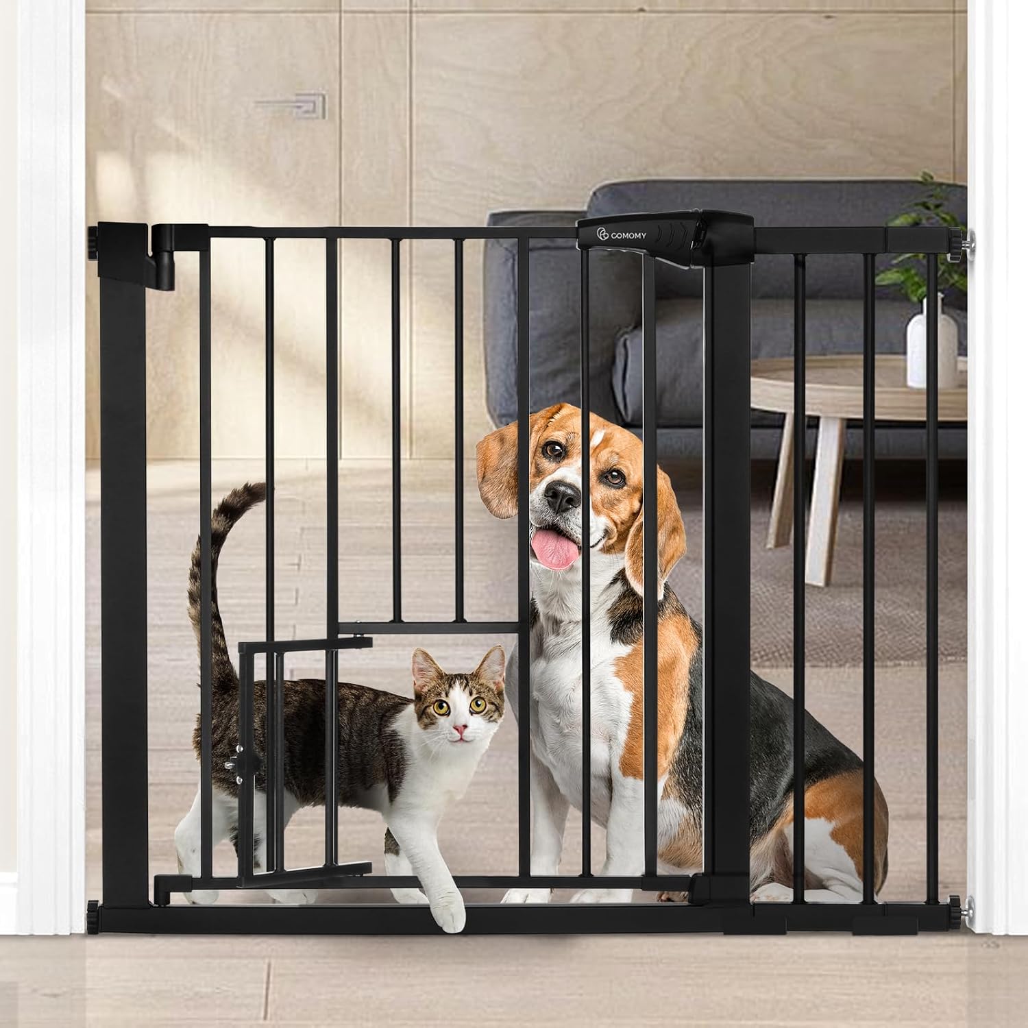 COMOMY Auto Close Pet Gate with Cat Door, 29.5"-40.5" Dog Gate for House Doorways Stairs, Pressure Mounted Easy Walk Thru Safety Gate, Includes 4 Wall Cups and 2 Extension Pieces, Black - Image 2