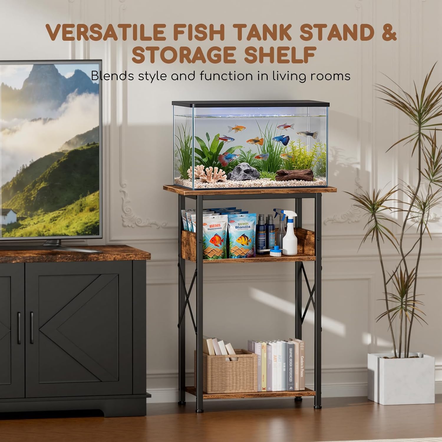 10 Gallon Fish Tank Stand with Storage Shelves, 3-Tier Aquarium Stand with Rust-Proof Metal Frame, Heavy Duty Waterproof Reptile Turtle Tank Stand for Home Office Up to 150LBS, 21.5" L x 11.5" W x 30" H, Rustic Brown - Image 7