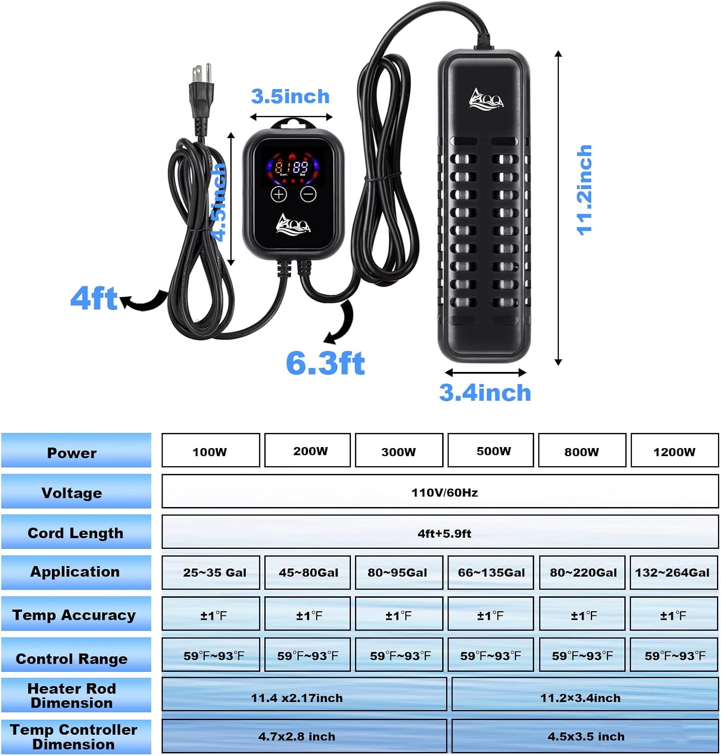 AQQA Submersible Aquarium Heater,100W/200W/300W/500W/800W/1000W/1200W Fish Tank Heater,External Temperature Controller LED Temperature Display,Suitable for Saltwater and Freshwater(1200W) - Image 7