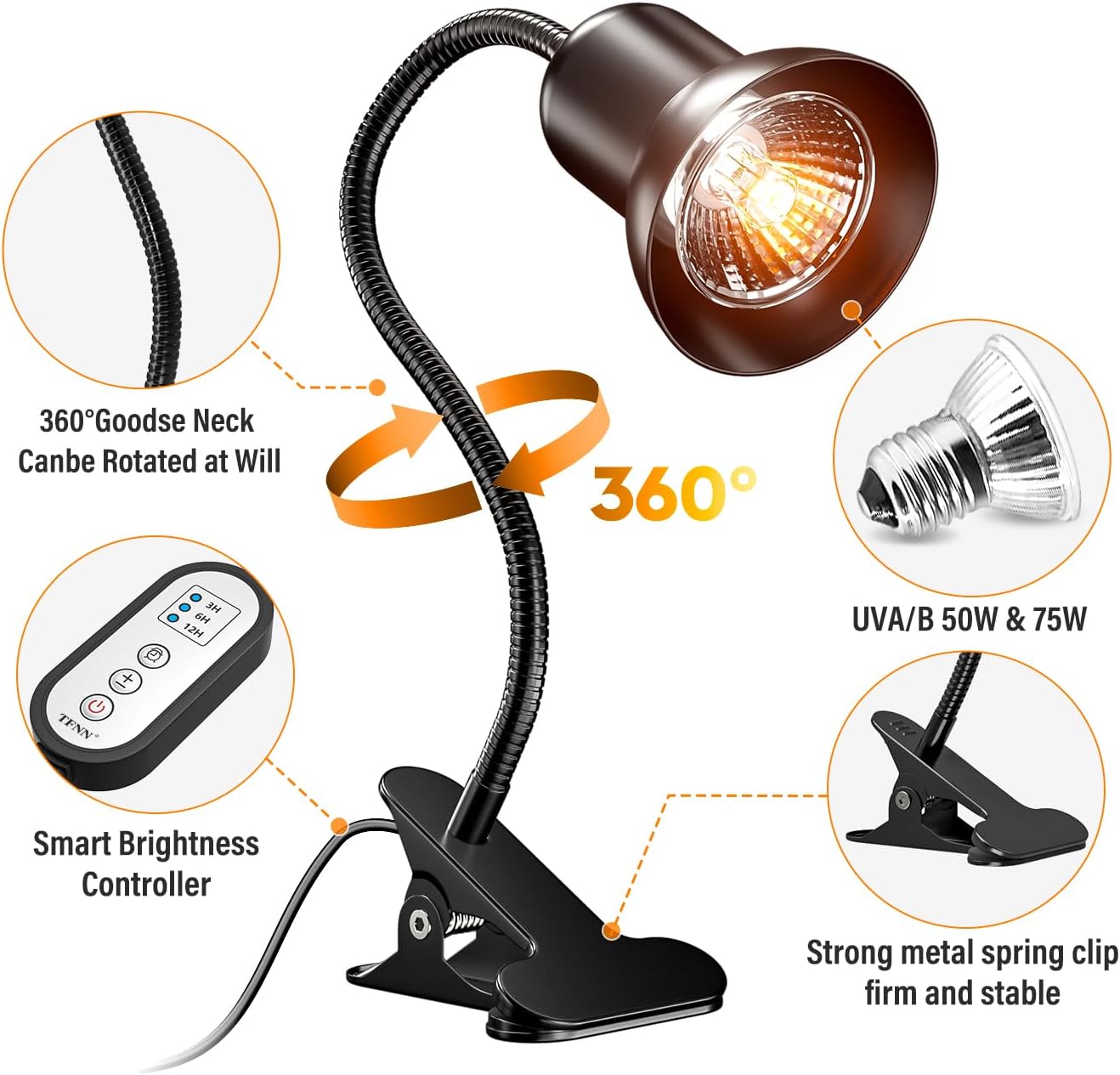 TFNN Reptile Heat Lamp, Heat Lamp with Clamp, UVA UVB Reptile Light with Intelligent Cycle Timer for Turtle, Bearded Dragon, Lizard and More, 2 Bulbs 50W+75W - Image 6