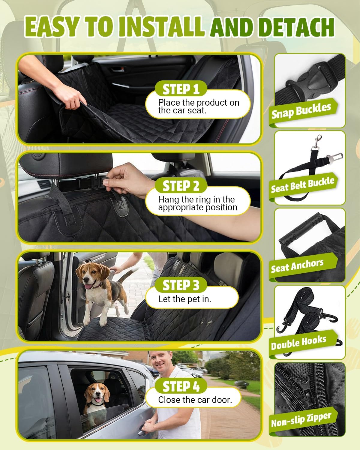Dog Car Seat Cover, 600D Heavy Dute Car Seat Cover for Dogs Pets, 100% Waterproof Anti-Scratch Nonslip Dog Hammock for Cars, Seat Covers Protector with SeatBelt for Sedan SUV Truck Standard Black - Image 6