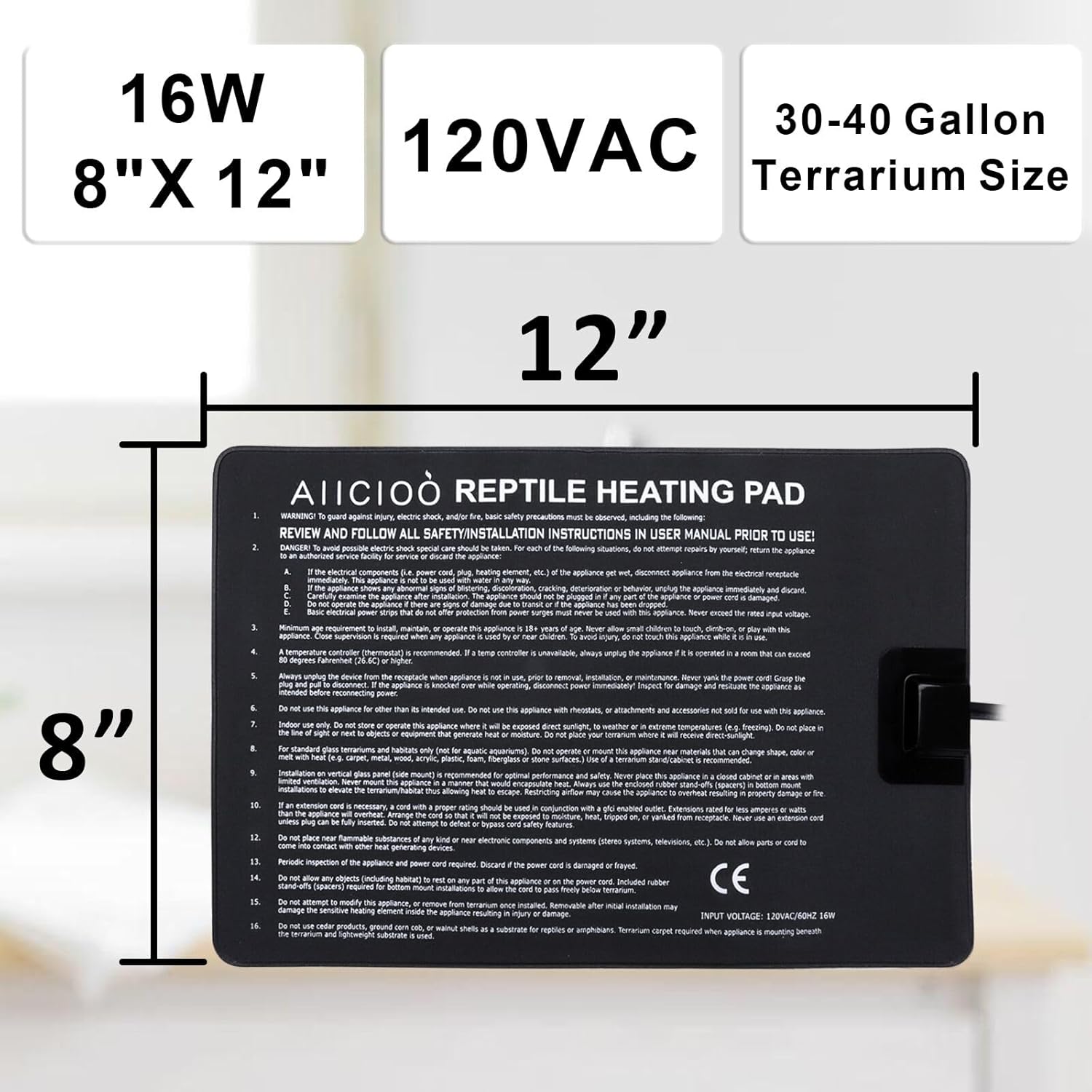 Aiicioo Reptile Heating Pad - Hermit Crab Heater Heat Mat for Reptiles Snake Lizard Terrarium 16 Watt - Image 2