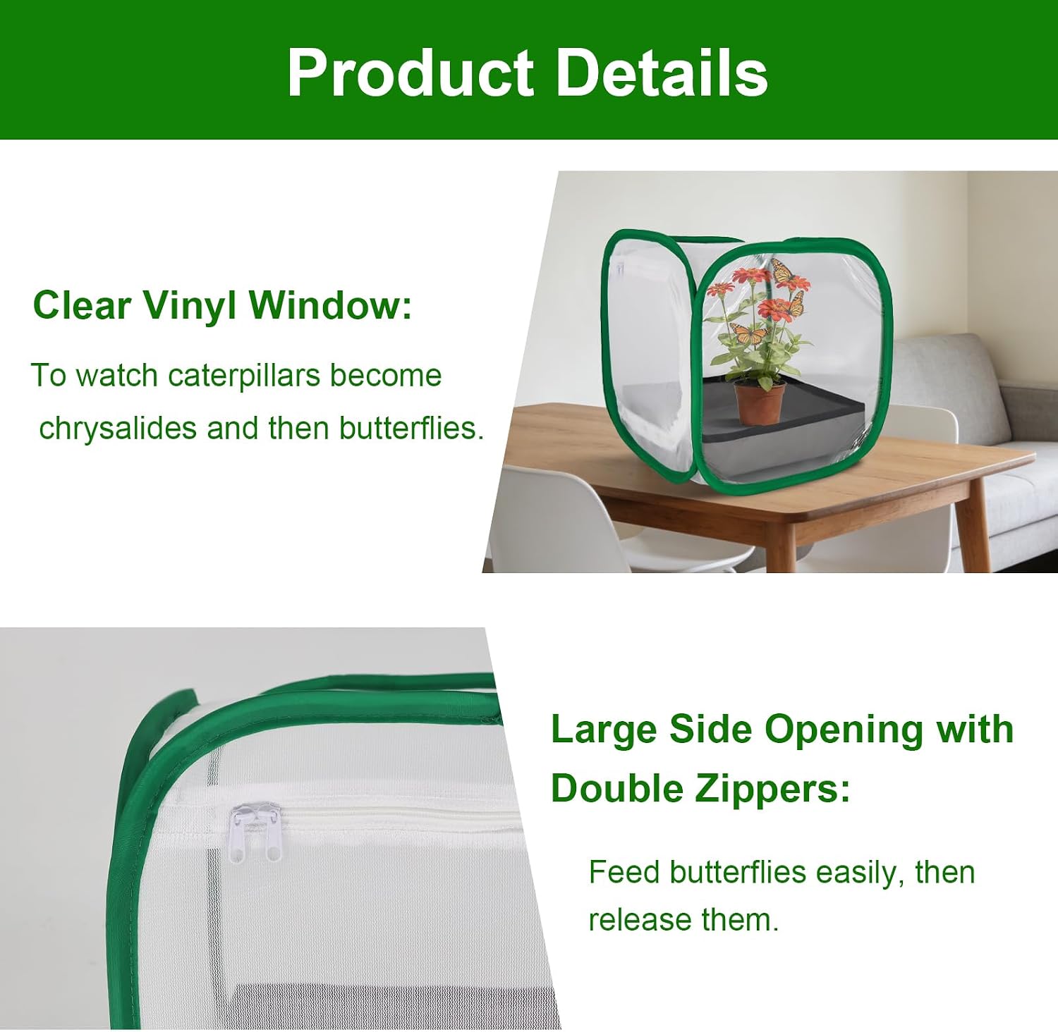 Butterfly Habitat Cage 12" x 12" x 12", Pop-up Butterfly & Insect Habitat Enclosure with Poop Tray for Easy to Clean, Small Foldable & Reusable Caterpillars Mesh Cage Terrarium for Indoor Use. - Image 4